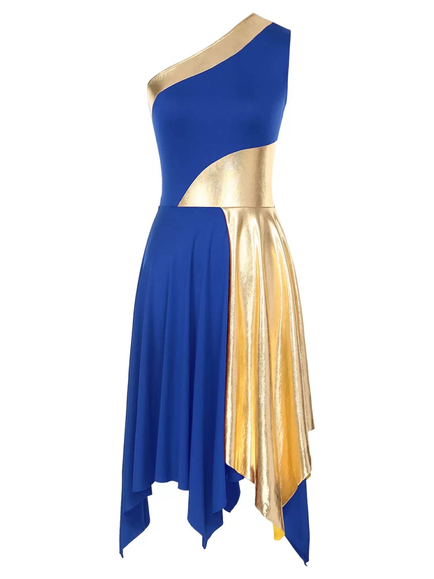 Women One Shoulder Metallic Sleeveless Worship Praise Dance Dress