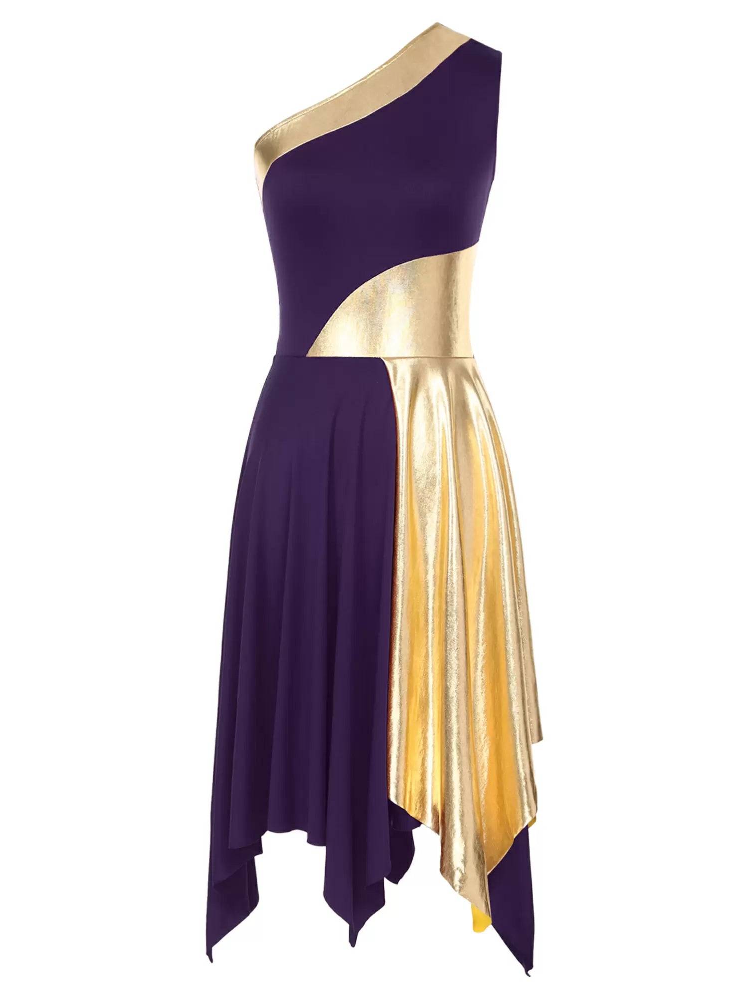 Women One Shoulder Metallic Sleeveless Worship Praise Dance Dress