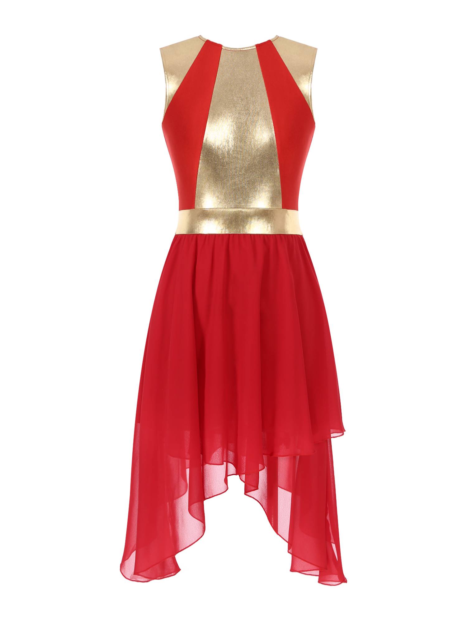 Women Sleeveless Metallic Worship Dance Asymmetrical Dress