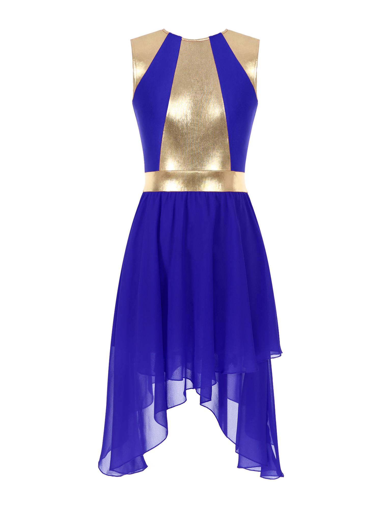 Women Sleeveless Metallic Worship Dance Asymmetrical Dress