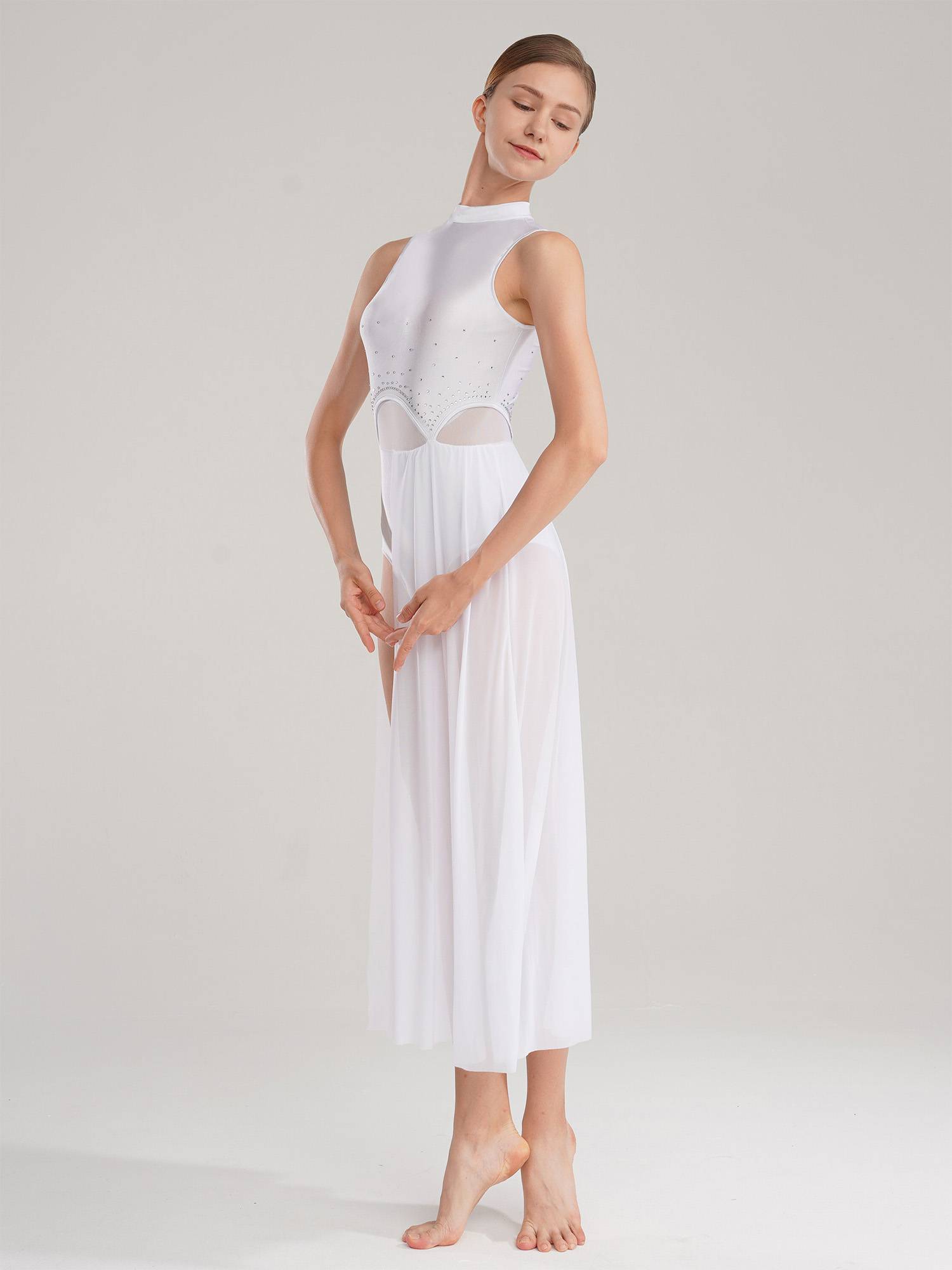 Women Sleeveless Halter Neck Lyrical Dance Dress Split Leotard Dresses