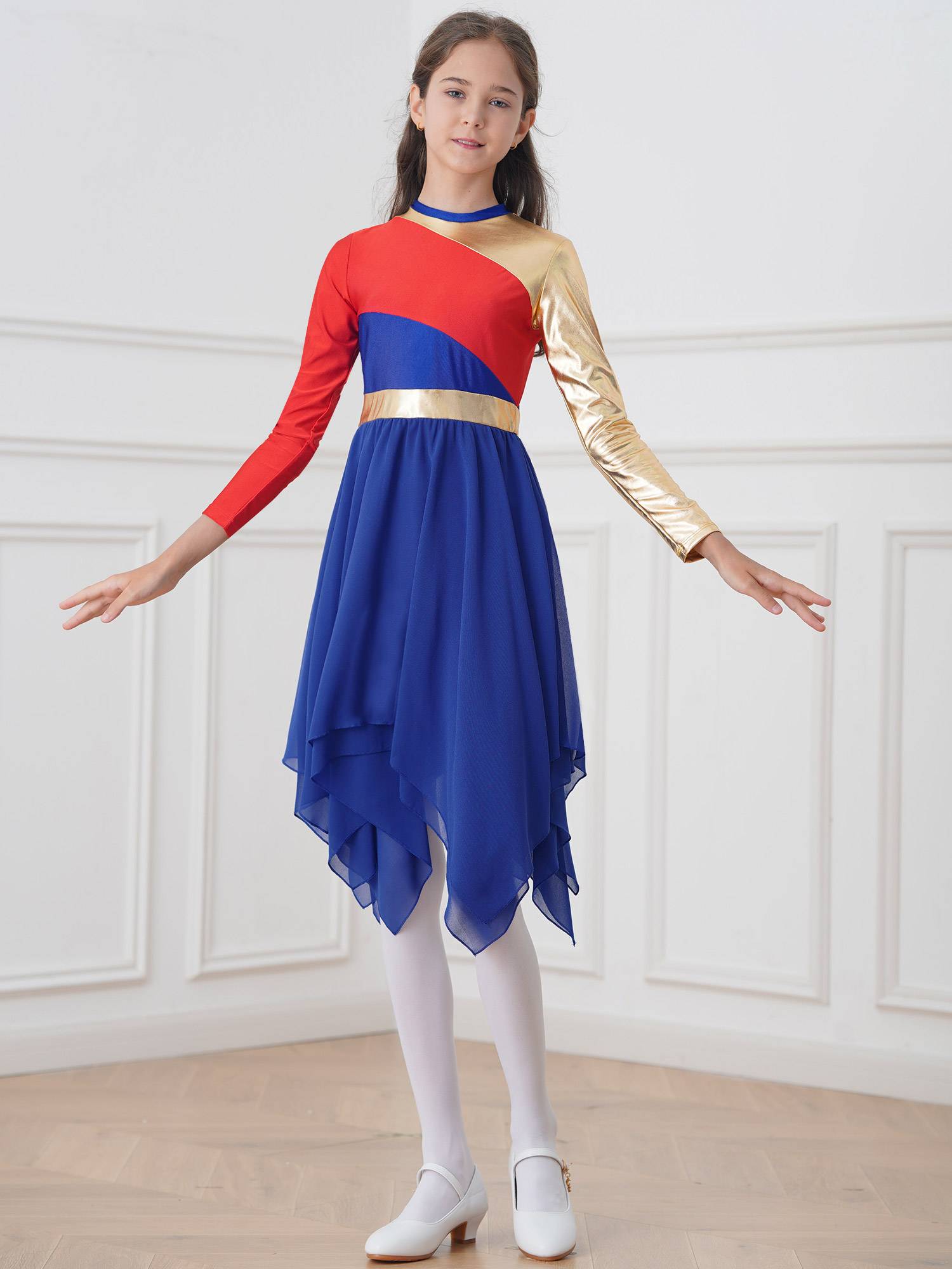 Kids Girls Long Sleeve Praise Dance Dress(not include petticoat)