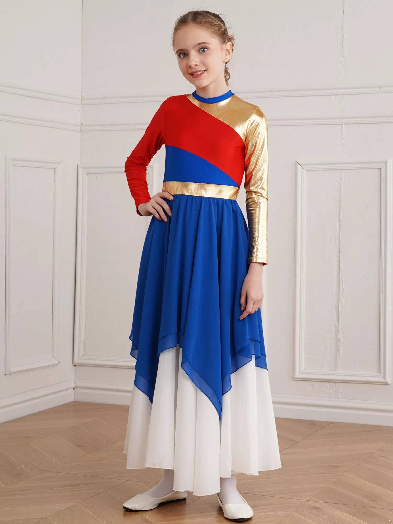 Kids Girls Long Sleeve Praise Dance Dress(not include petticoat)