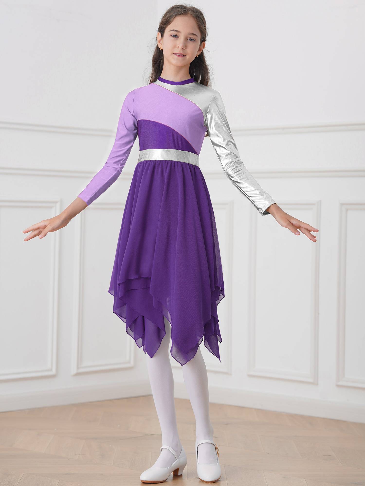 Kids Girls Long Sleeve Praise Dance Dress(not include petticoat)