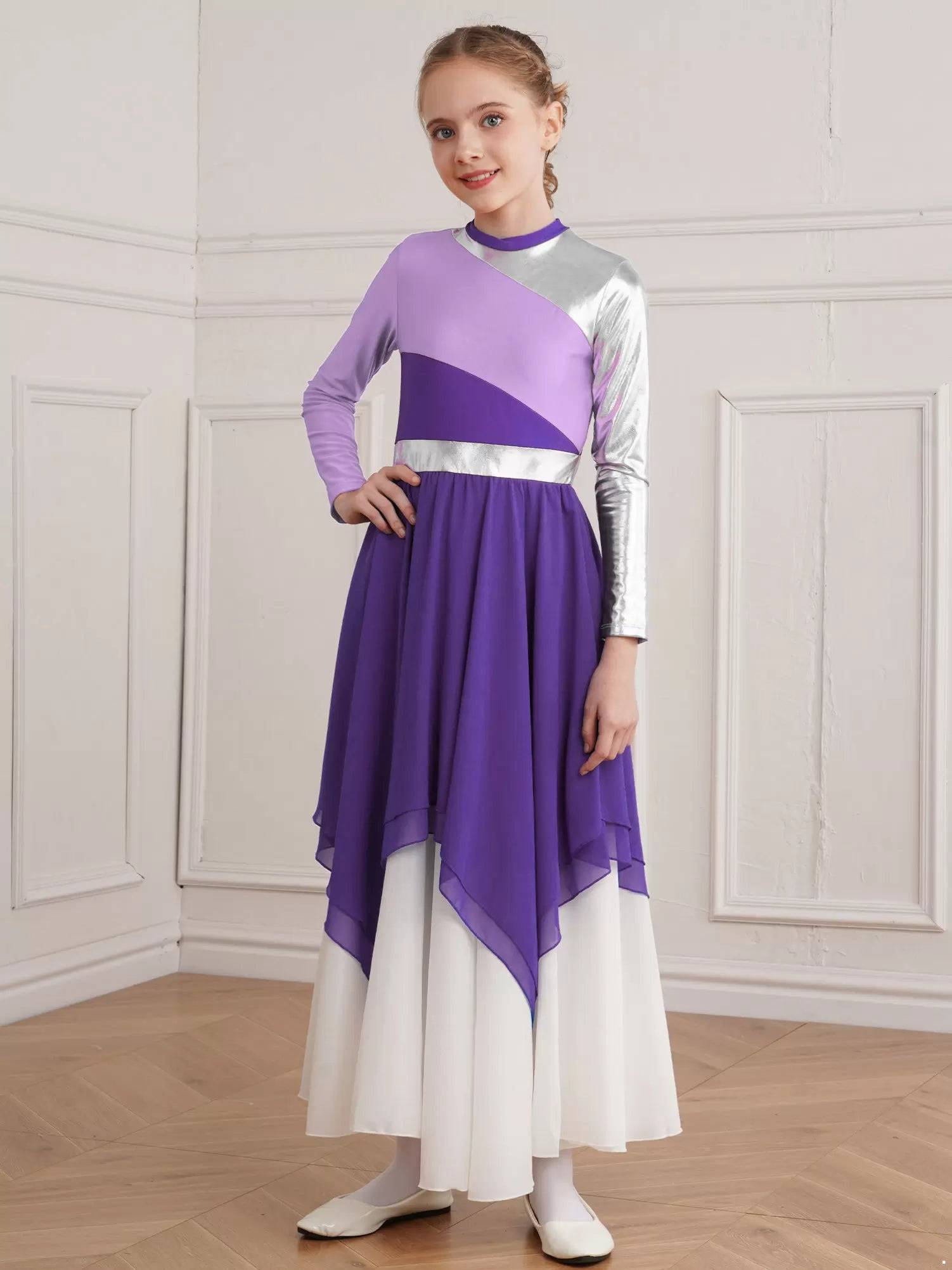 Kids Girls Long Sleeve Praise Dance Dress(not include petticoat)