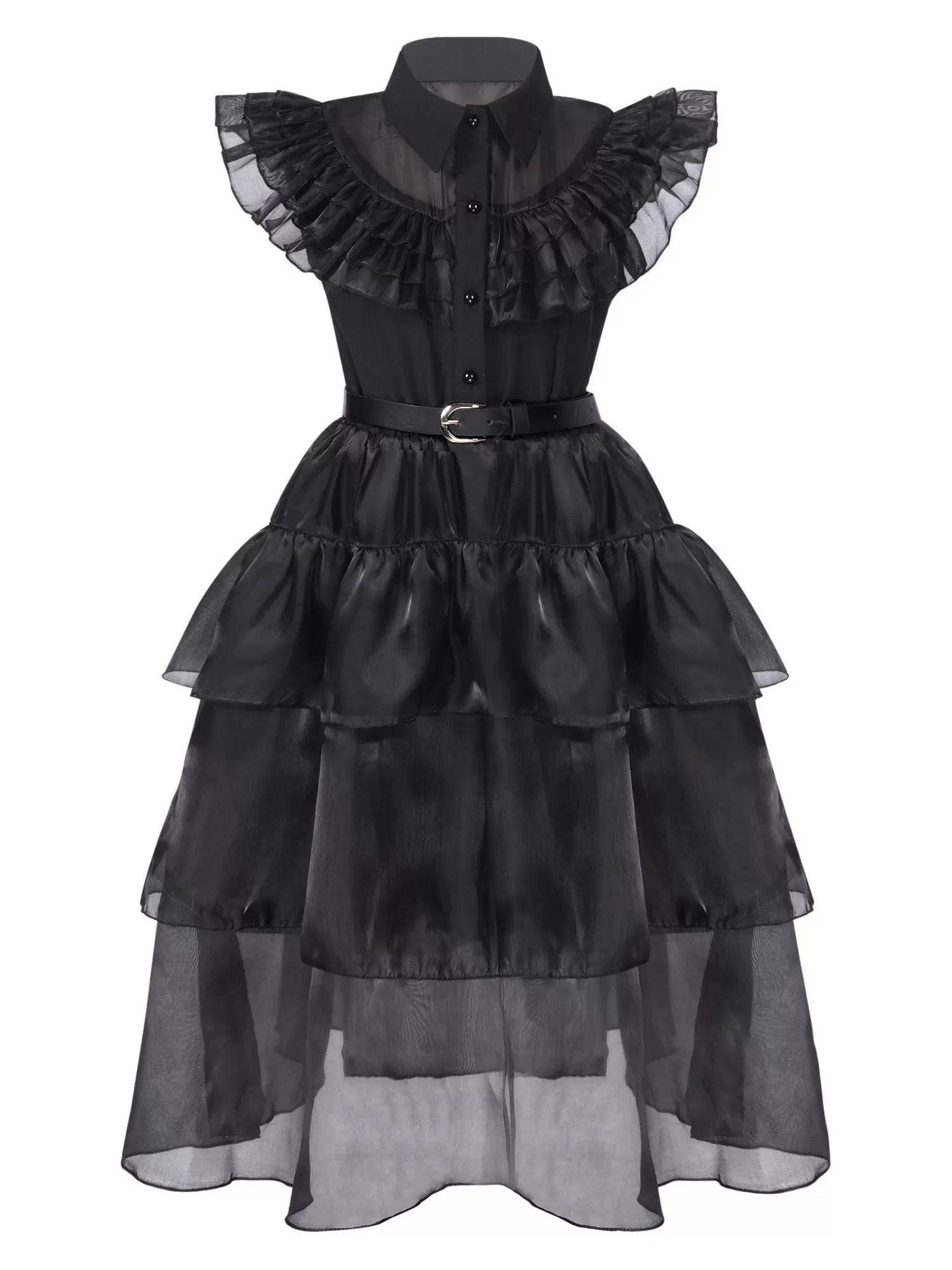 Kids Girls Wednesday Addams Black Flounce Mesh Dress for Holloween