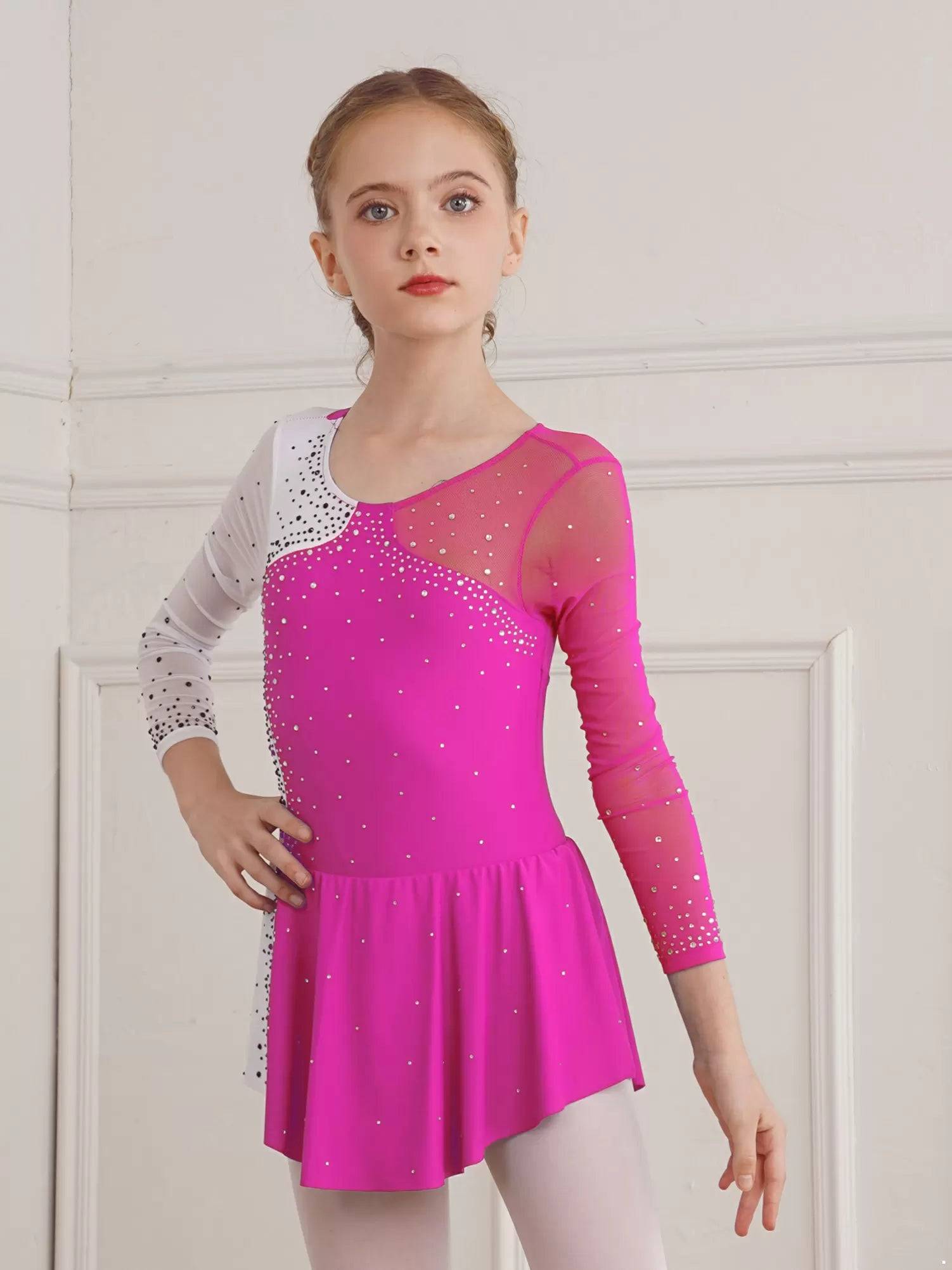 Kids Girls Shiny Rhinestone Colorblock Skating Dance Dress