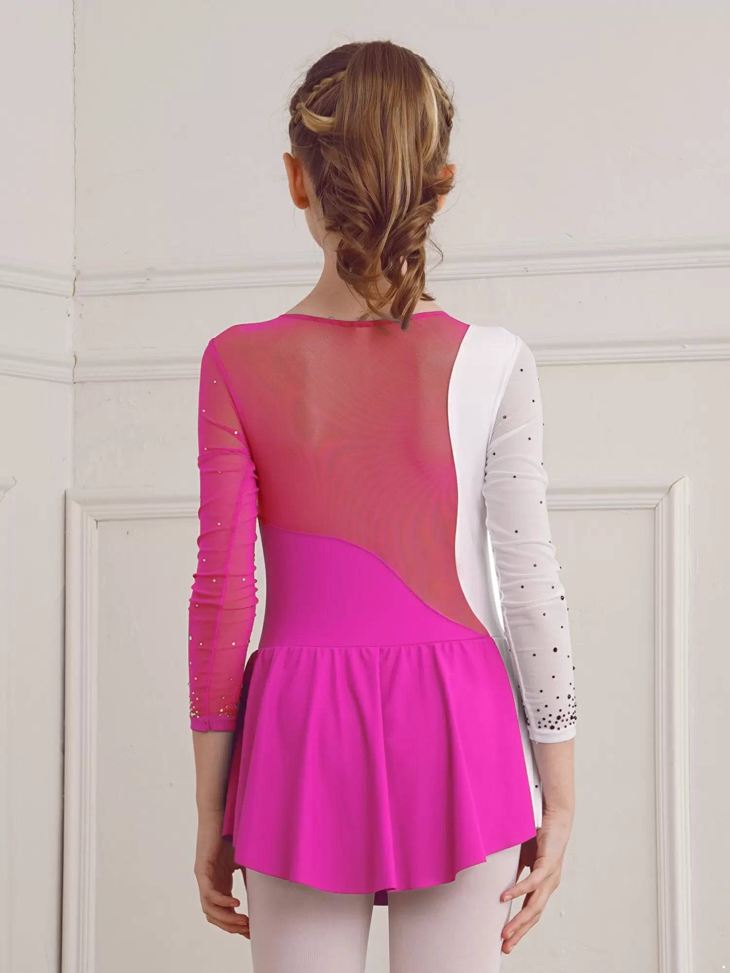 Kids Girls Shiny Rhinestone Colorblock Skating Dance Dress