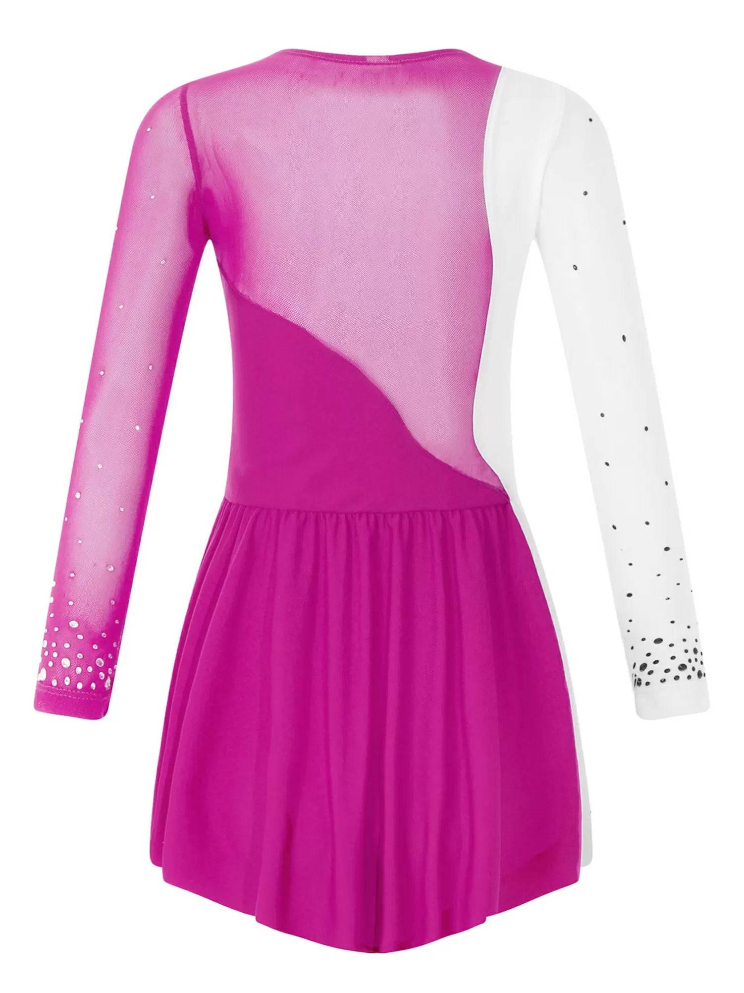 Kids Girls Shiny Rhinestone Colorblock Skating Dance Dress