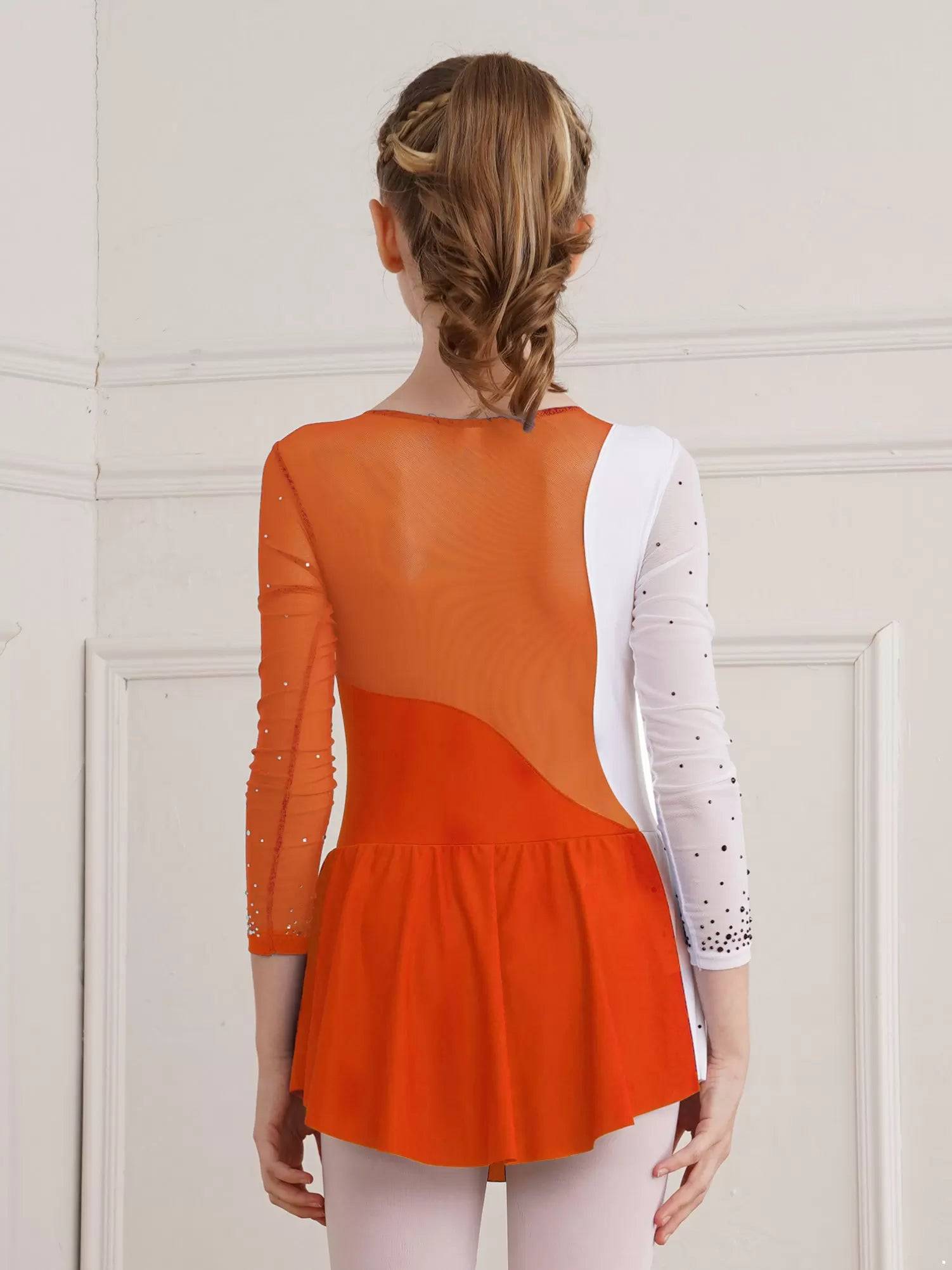 Kids Girls Shiny Rhinestone Colorblock Skating Dance Dress