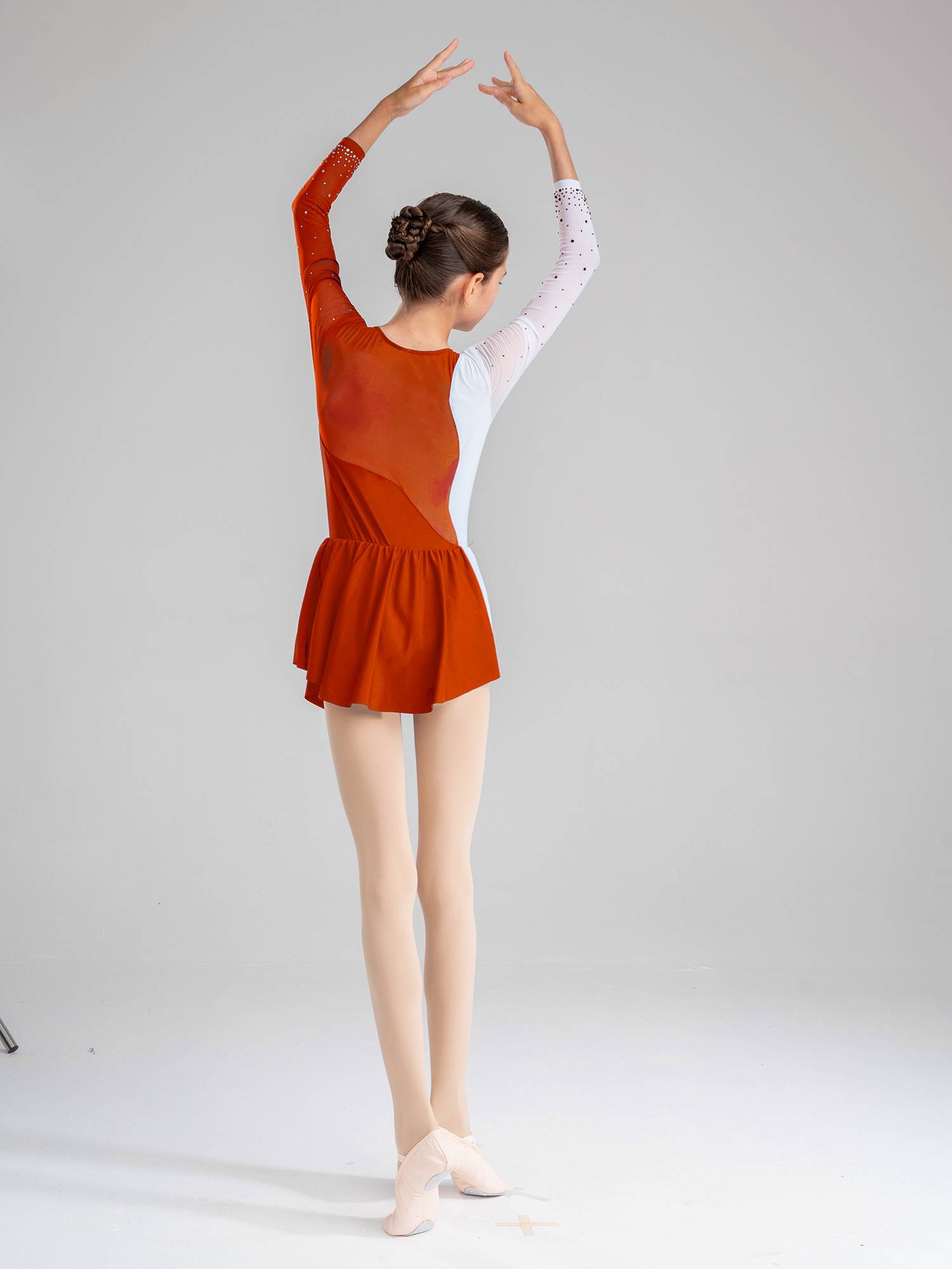 Kids Girls Shiny Rhinestone Colorblock Skating Dance Dress