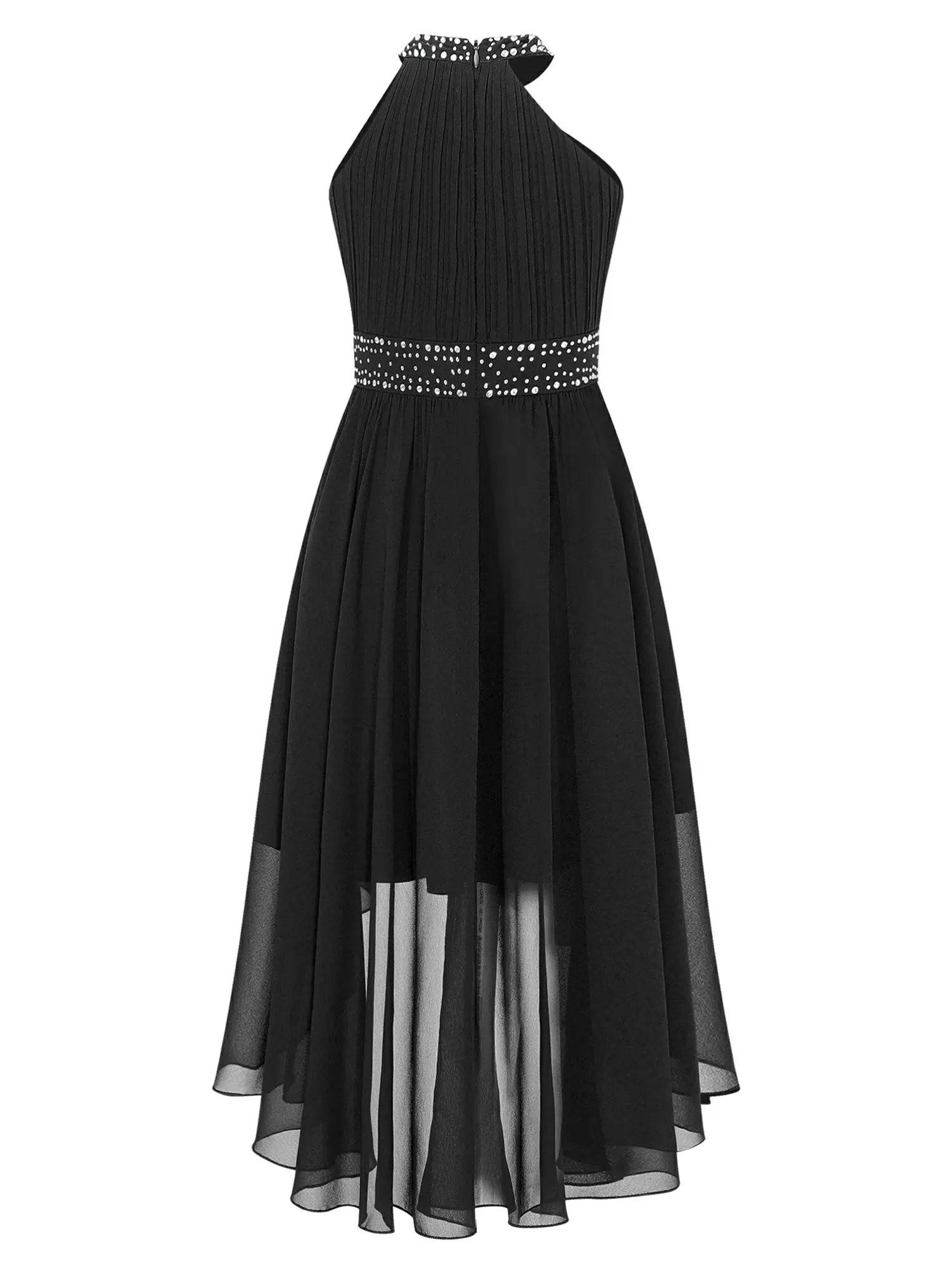 Kids Girls Rhinestone High-Low Skirt Chiffon Party Dress