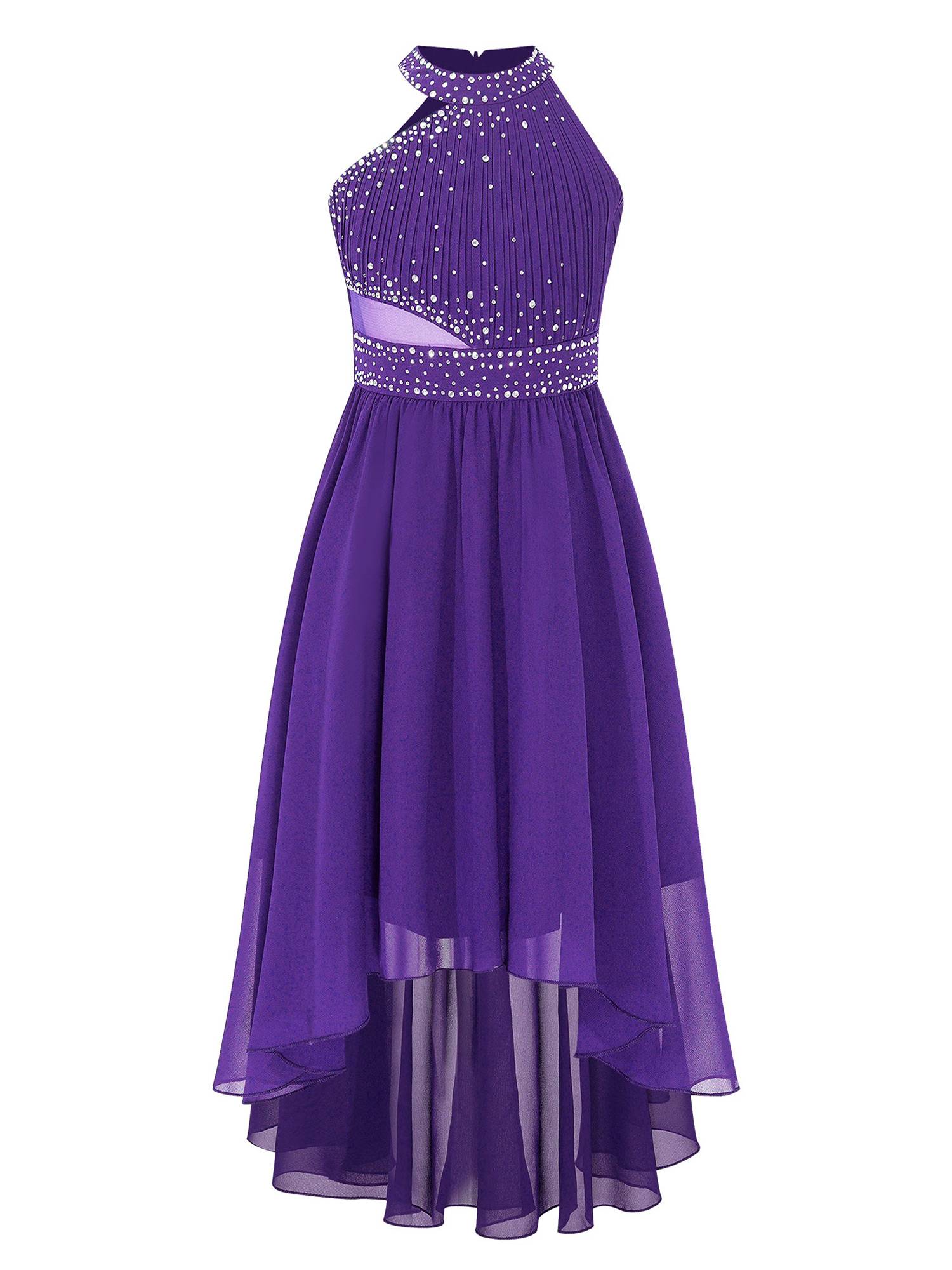 Kids Girls Rhinestone High-Low Skirt Chiffon Party Dress