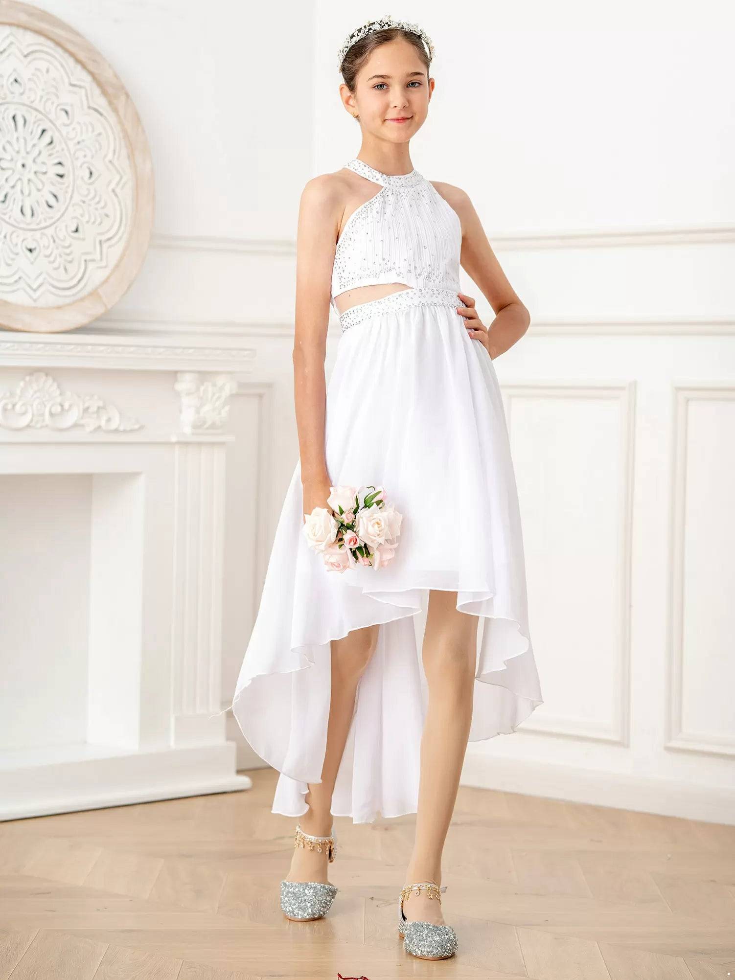 Kids Girls Rhinestone High-Low Skirt Chiffon Party Dress