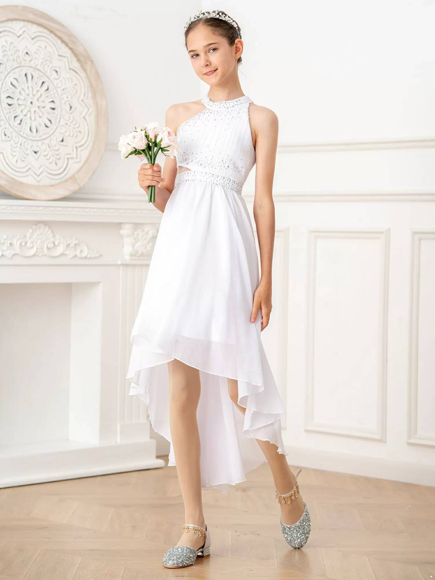 Kids Girls Rhinestone High-Low Skirt Chiffon Party Dress