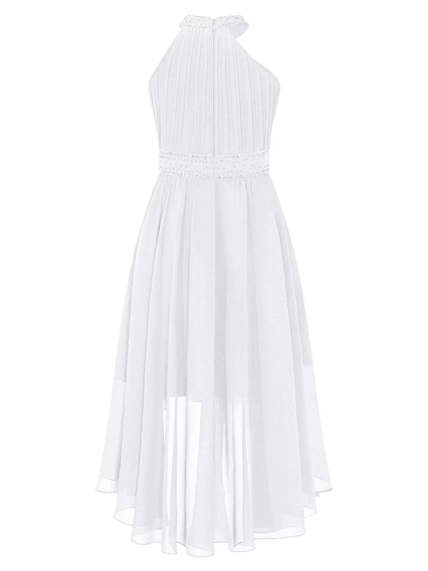 Kids Girls Rhinestone High-Low Skirt Chiffon Party Dress