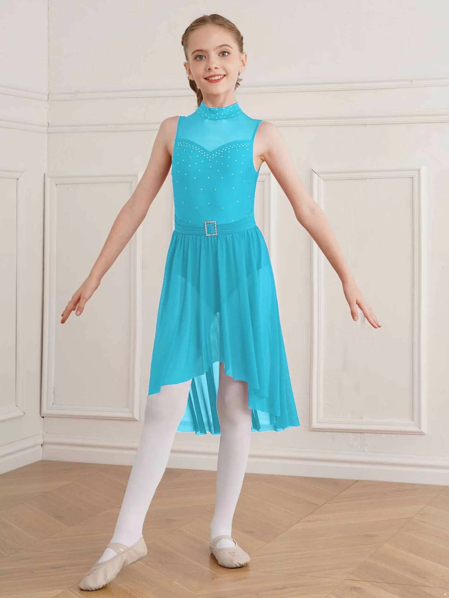Kids Girls Sleeveless High-Low Lyrical Dance Leotard Dress