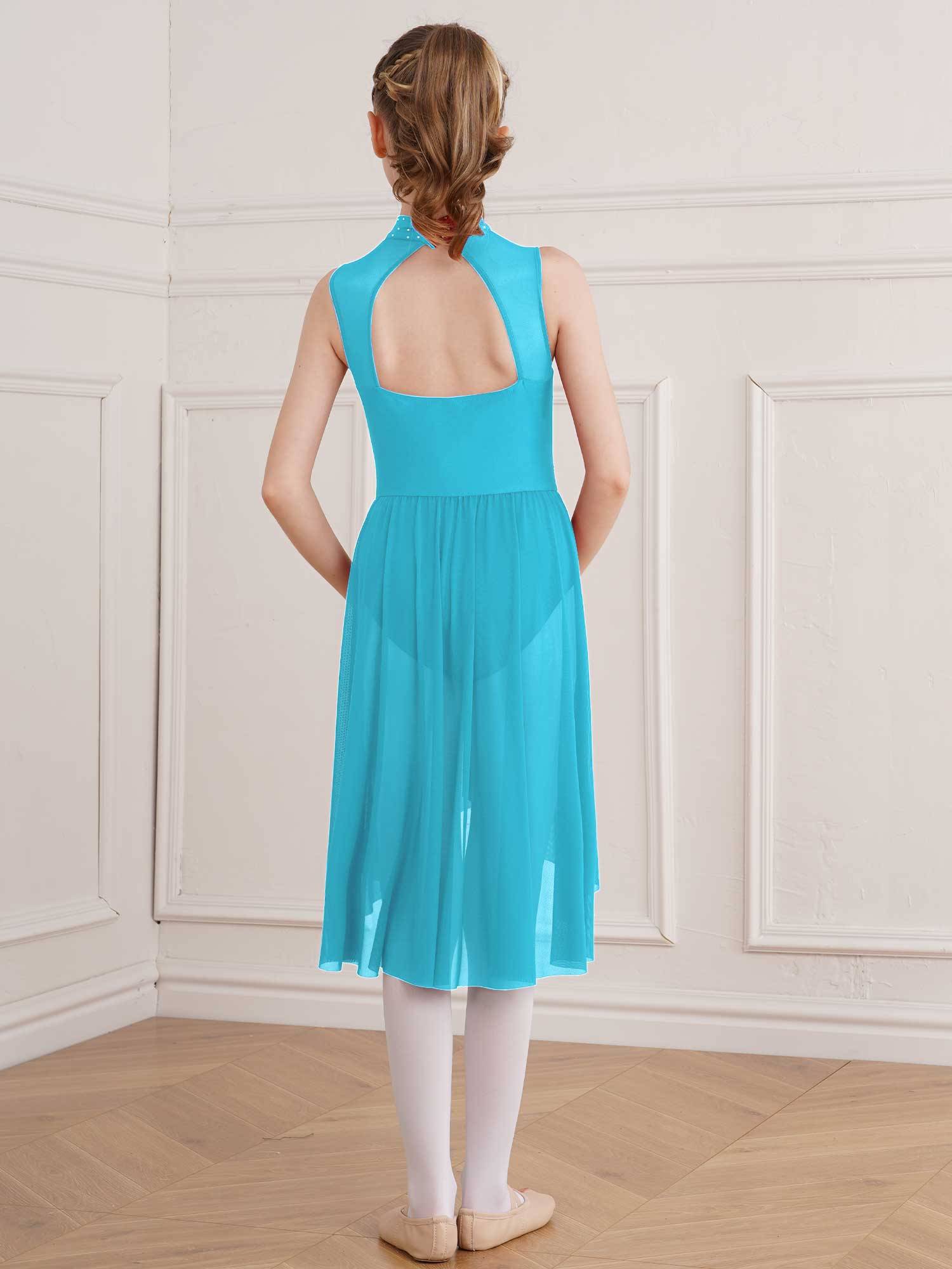 Kids Girls Sleeveless High-Low Lyrical Dance Leotard Dress