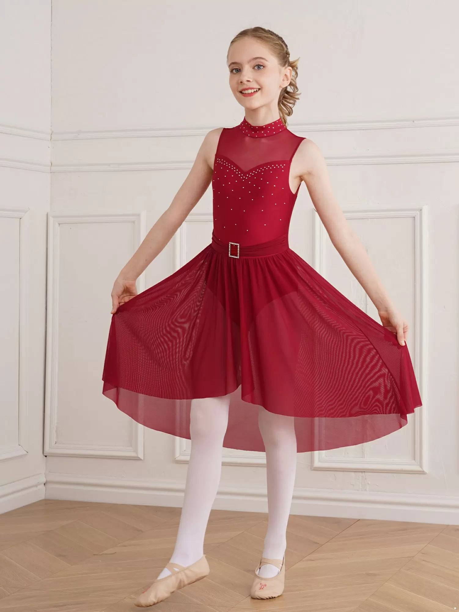 Kids Girls Sleeveless High-Low Lyrical Dance Leotard Dress