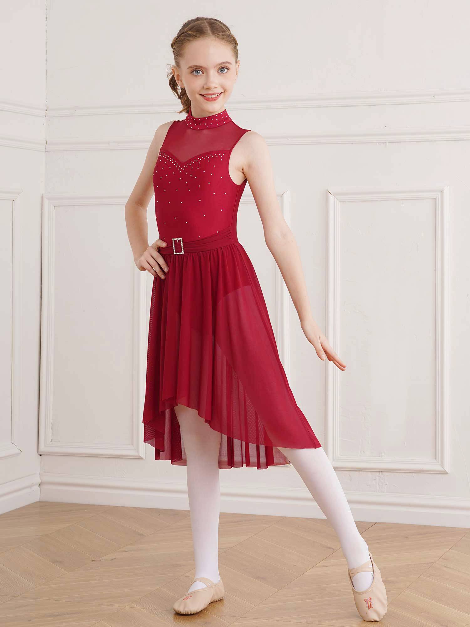 Kids Girls Sleeveless High-Low Lyrical Dance Leotard Dress