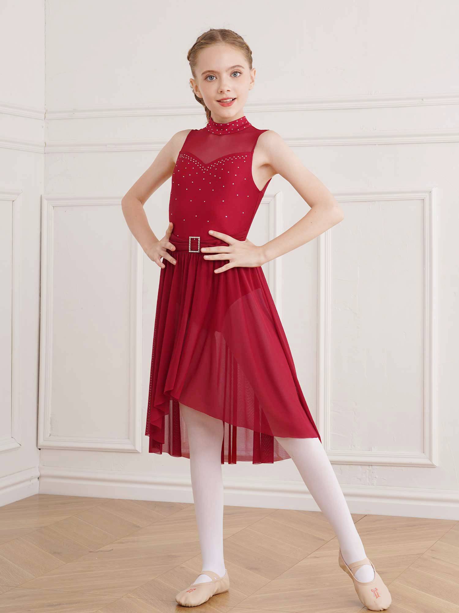 Kids Girls Sleeveless High-Low Lyrical Dance Leotard Dress
