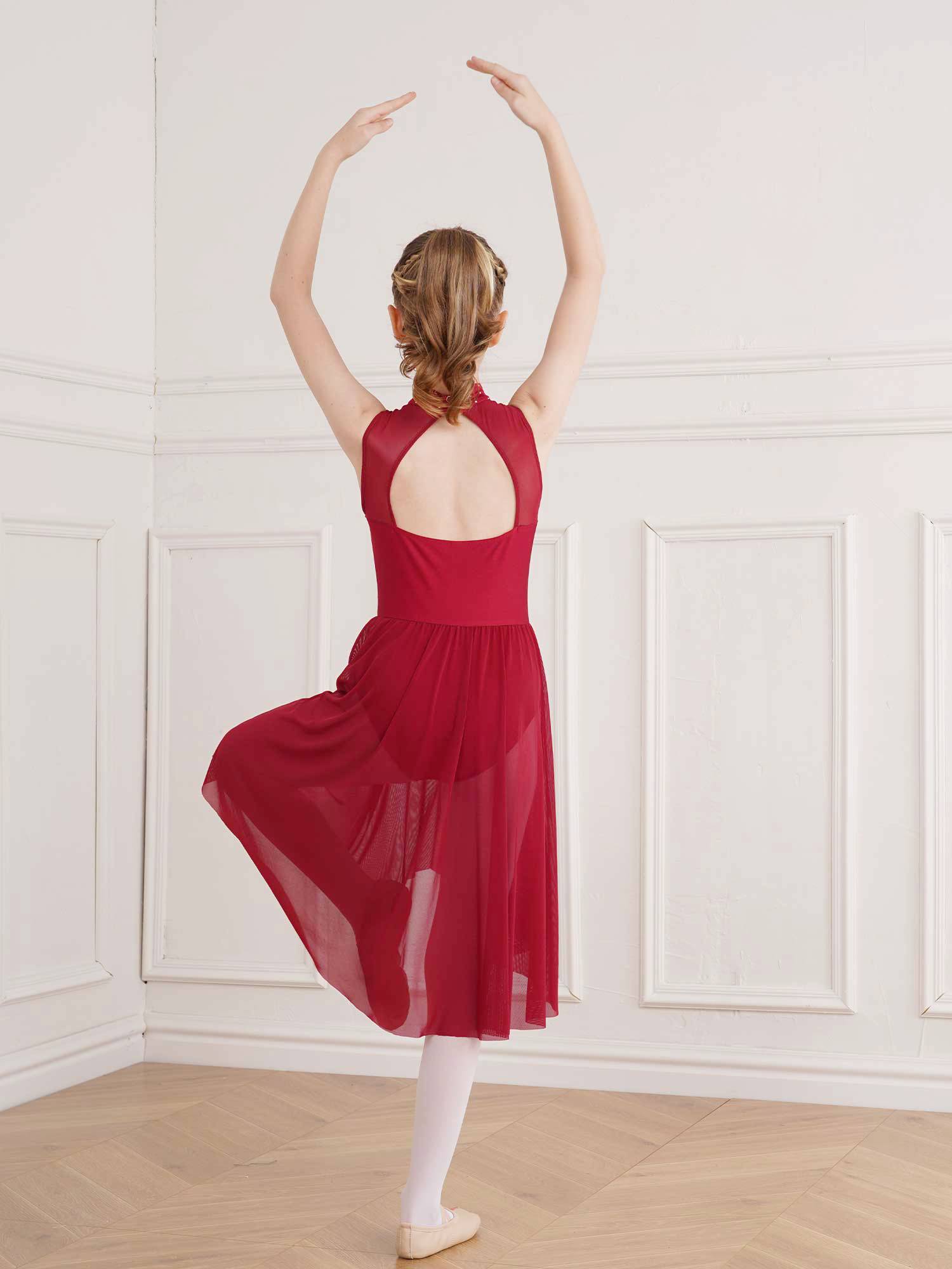 Kids Girls Sleeveless High-Low Lyrical Dance Leotard Dress