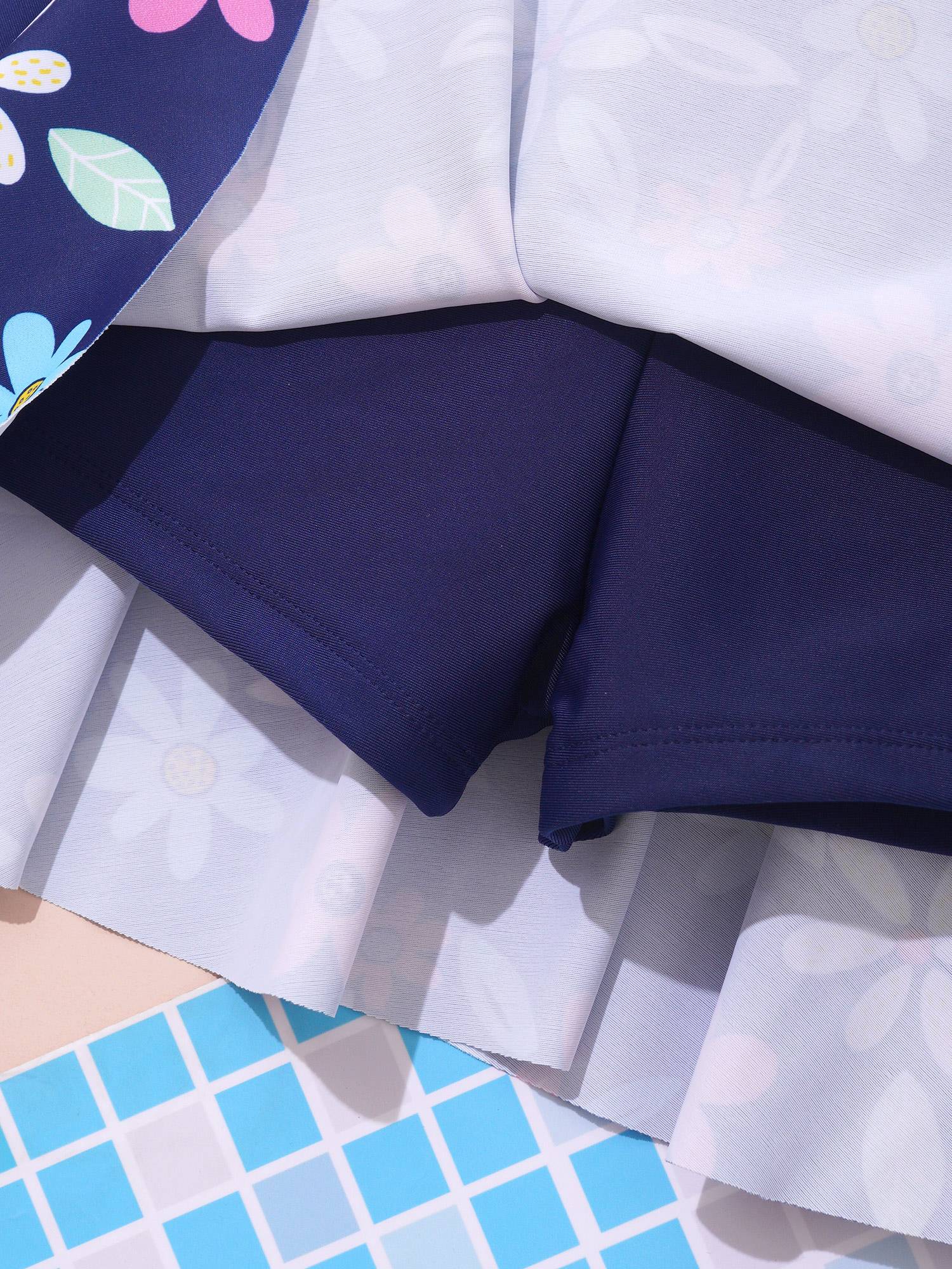 Kids Girls Short Sleeve Flower Swim Dress with Built-in Shorts