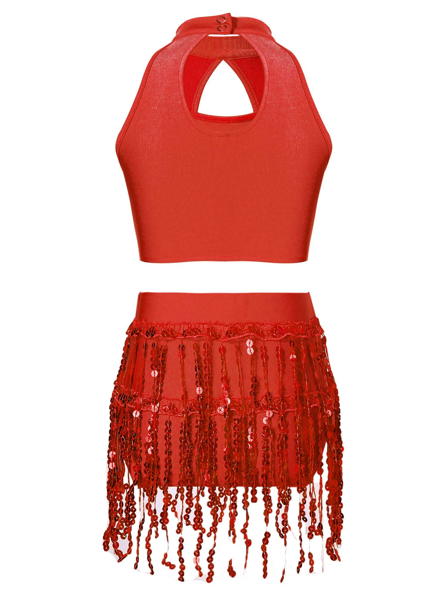 Kids Girls 2pcs Sequin and Tassel Jazz Dance Cop Top and Shorts Set