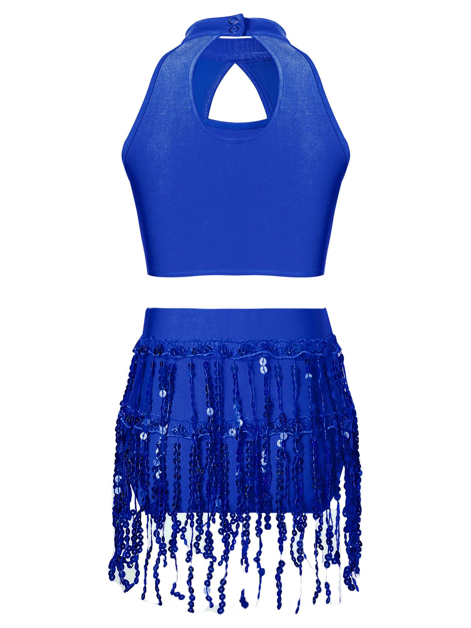 Kids Girls 2pcs Sequin and Tassel Jazz Dance Cop Top and Shorts Set