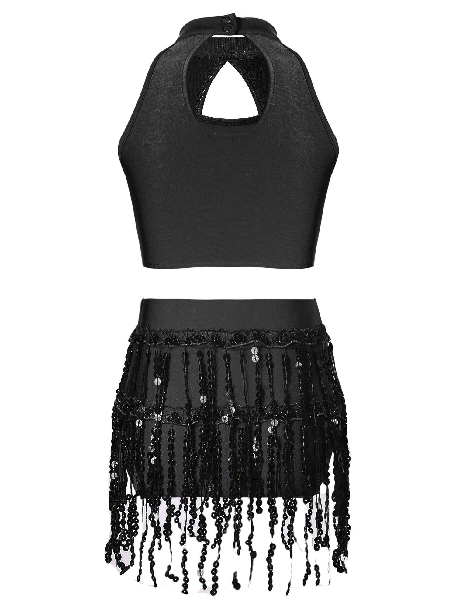 Kids Girls 2pcs Sequin and Tassel Jazz Dance Cop Top and Shorts Set