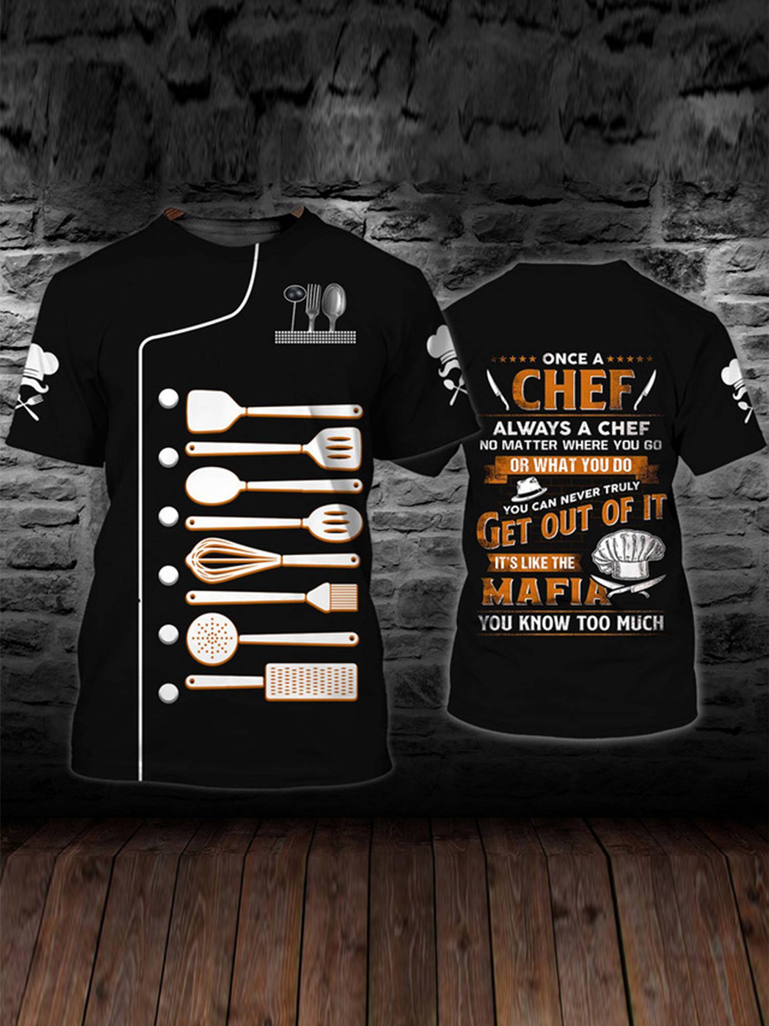 Men Round Neck Short Sleeve Cooking Utensil Print Chef T-shirt