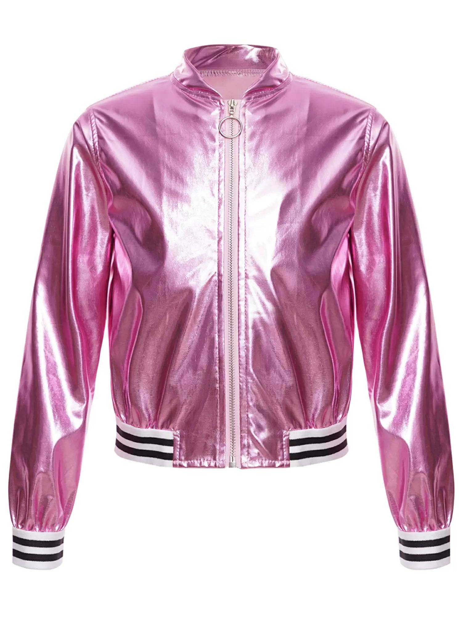 Kids Girls Glossy Long Sleeve Zipper Jacket Coat