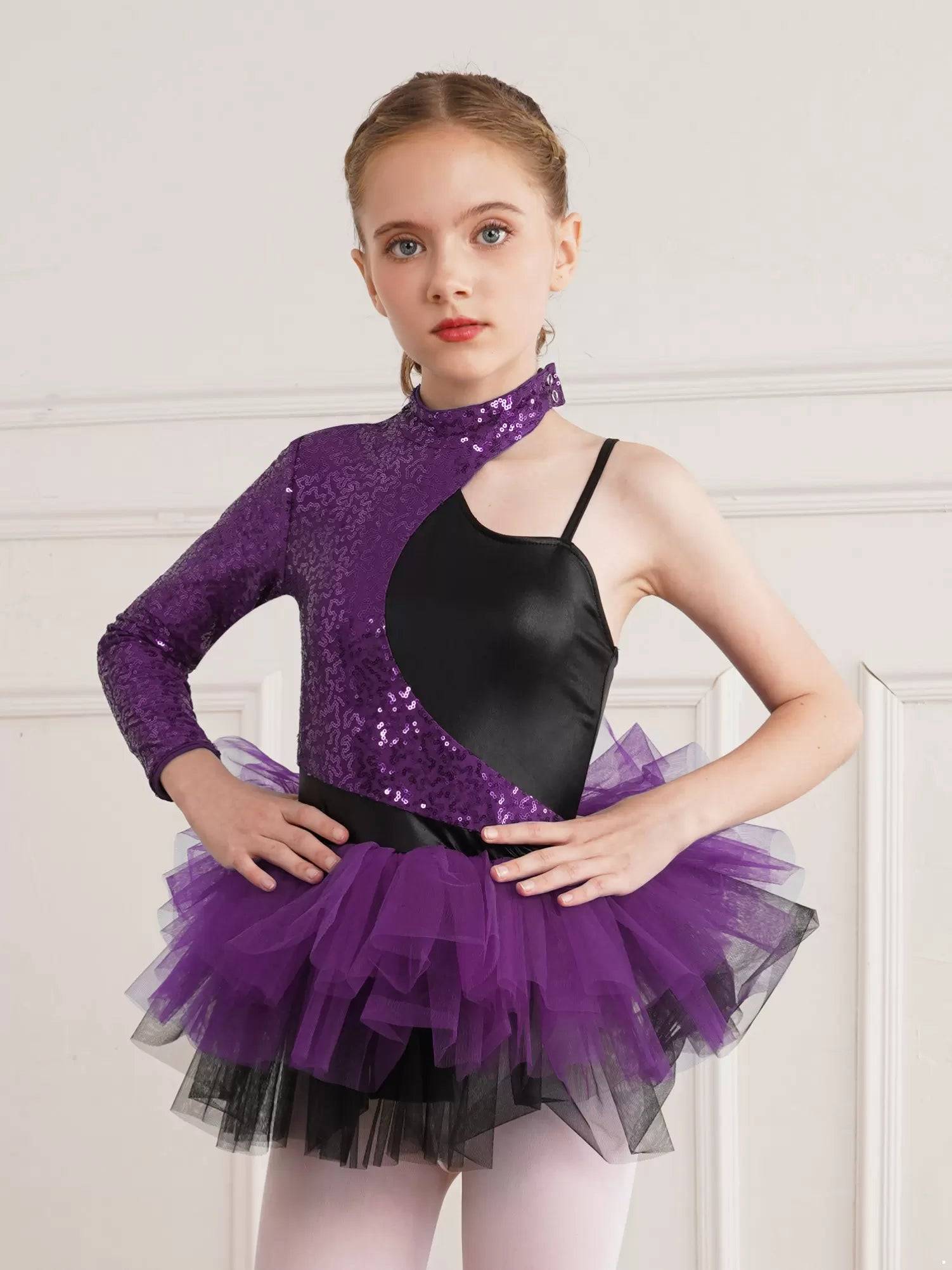 Kids Girls Sequin Asymmetrical Sleeves Ballet Dance Leotard Tutu Dress