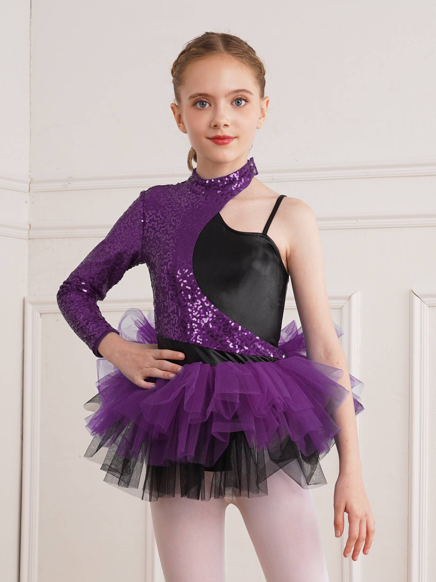 Kids Girls Sequin Asymmetrical Sleeves Ballet Dance Leotard Tutu Dress