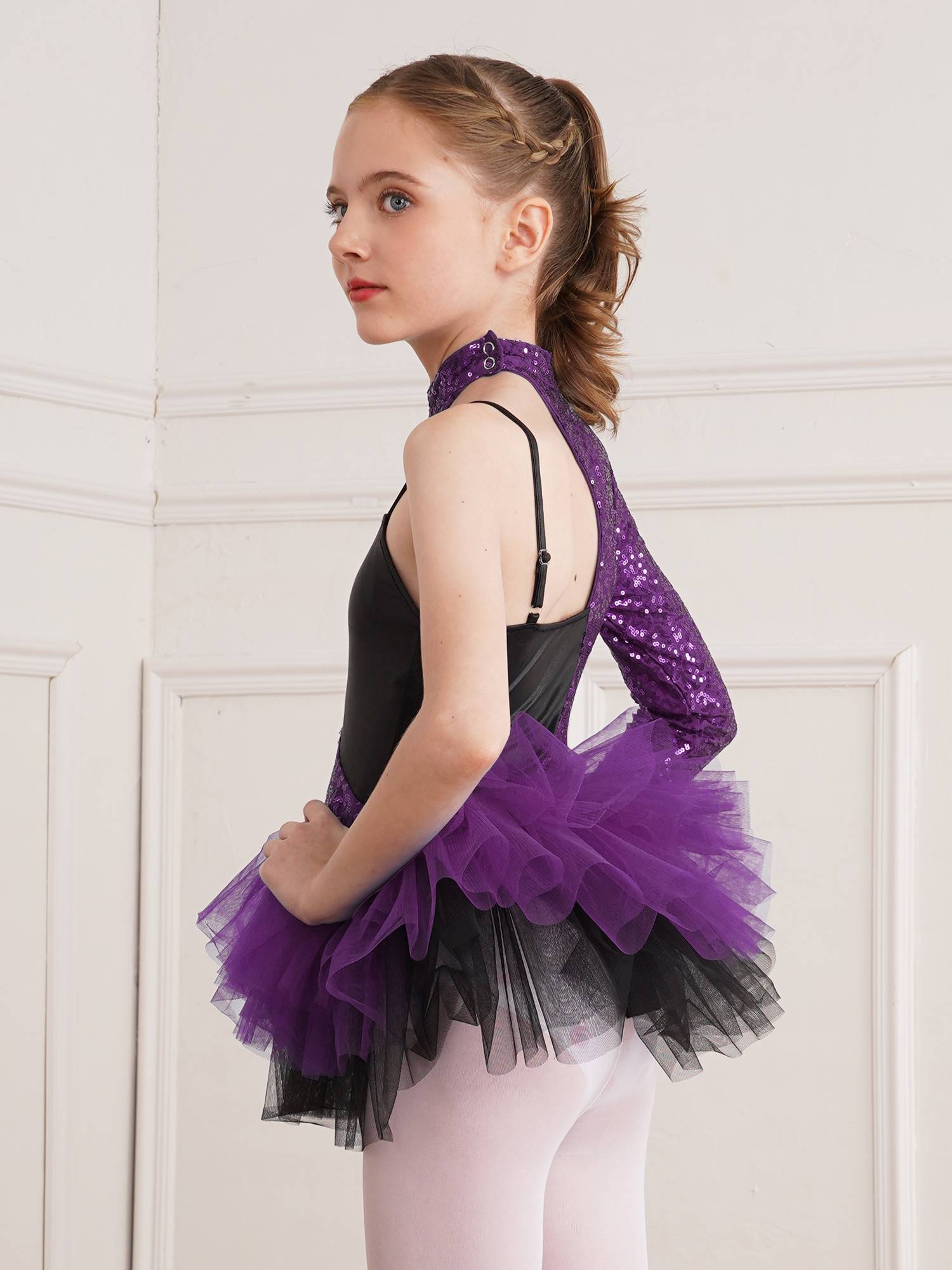 Kids Girls Sequin Asymmetrical Sleeves Ballet Dance Leotard Tutu Dress