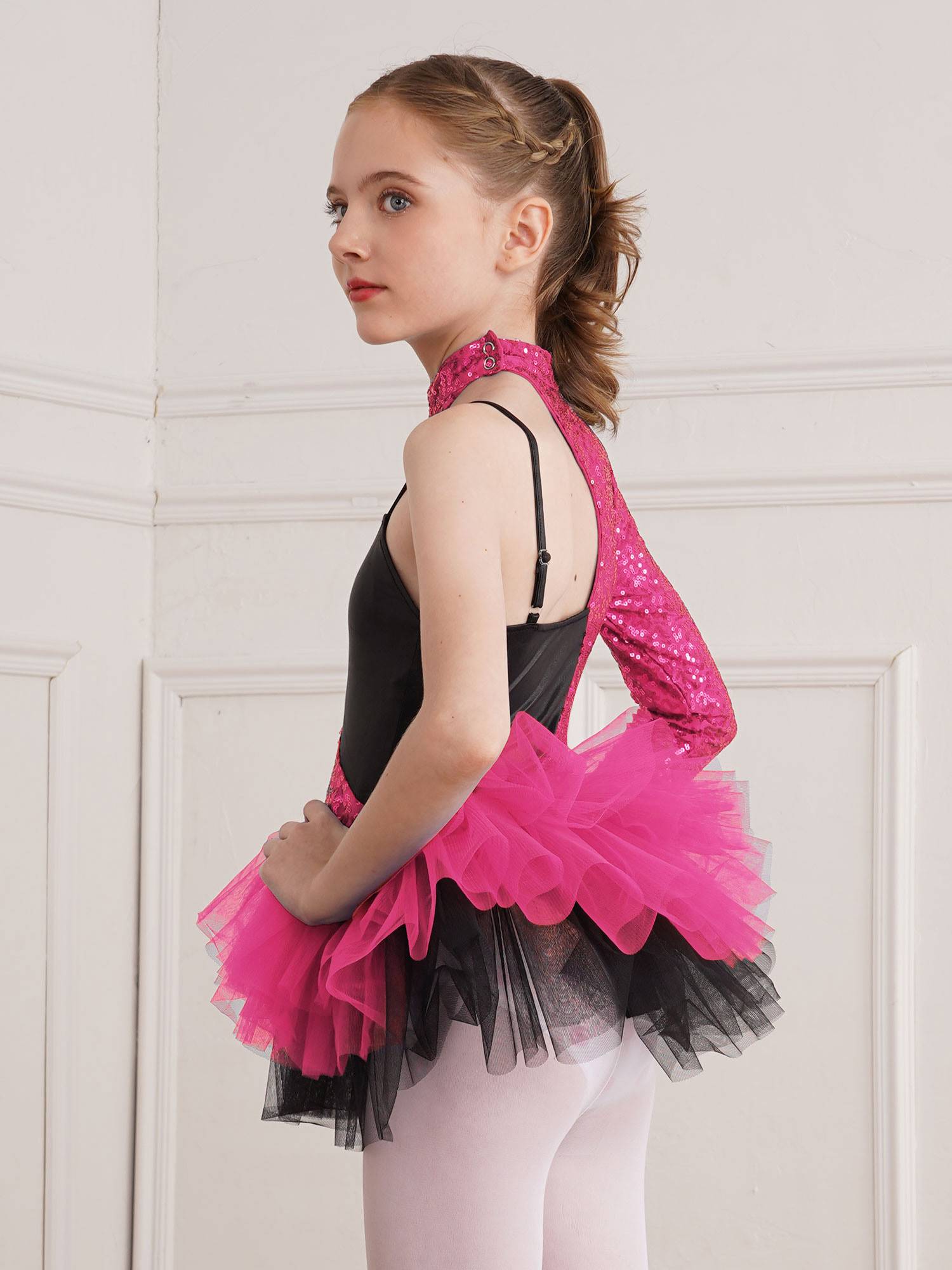 Kids Girls Sequin Asymmetrical Sleeves Ballet Dance Leotard Tutu Dress