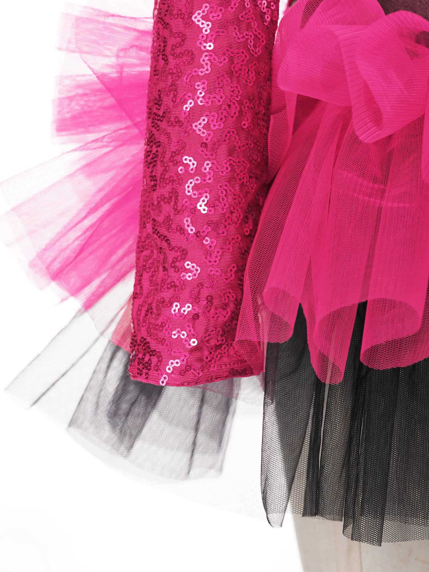 Kids Girls Sequin Asymmetrical Sleeves Ballet Dance Leotard Tutu Dress