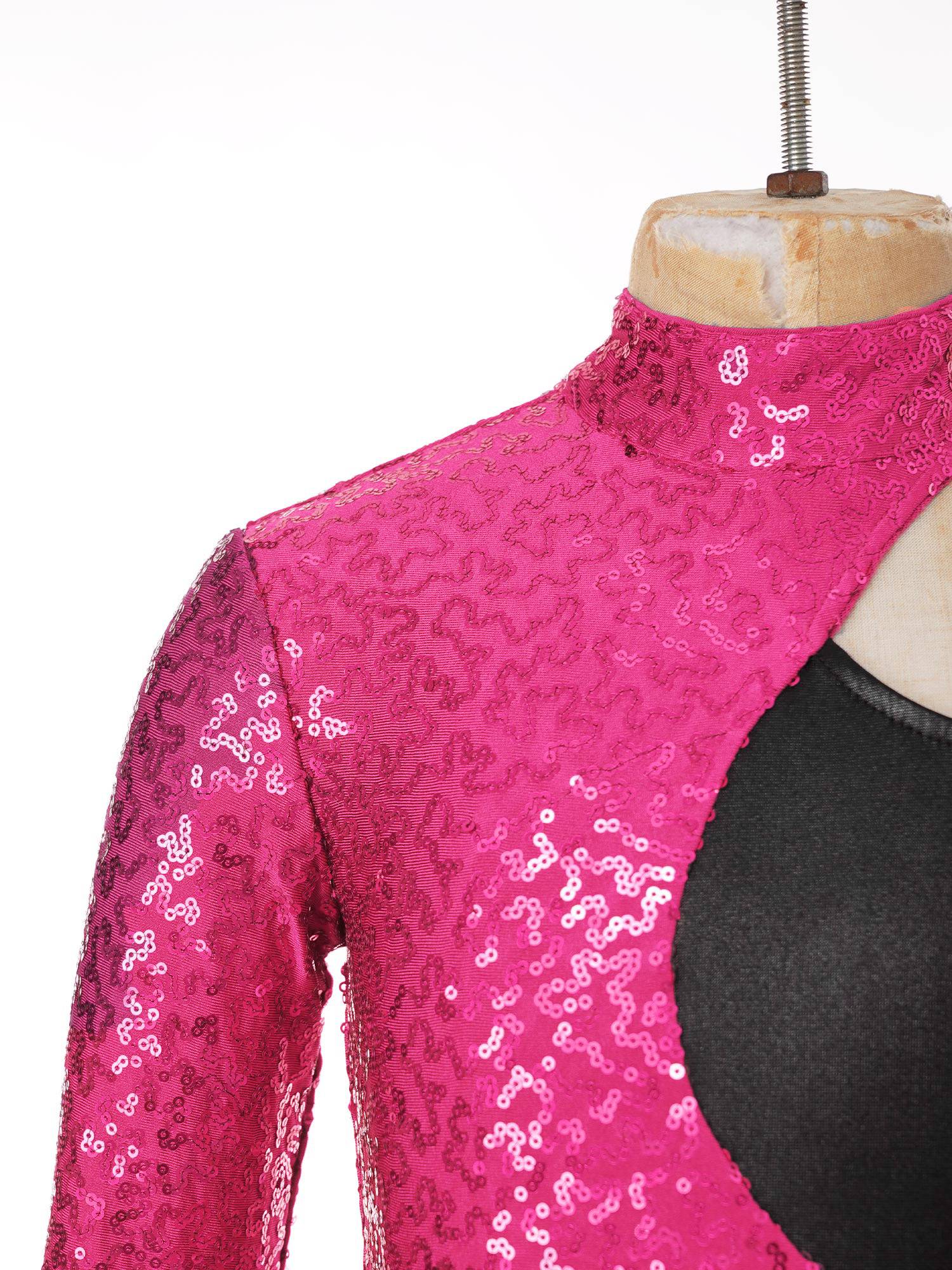 Kids Girls Sequin Asymmetrical Sleeves Ballet Dance Leotard Tutu Dress