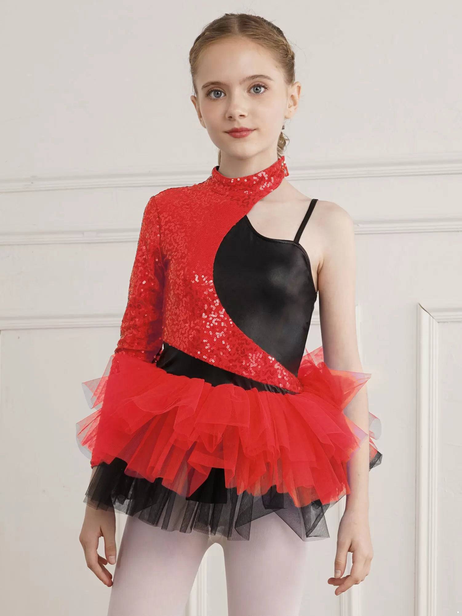 Kids Girls Sequin Asymmetrical Sleeves Ballet Dance Leotard Tutu Dress