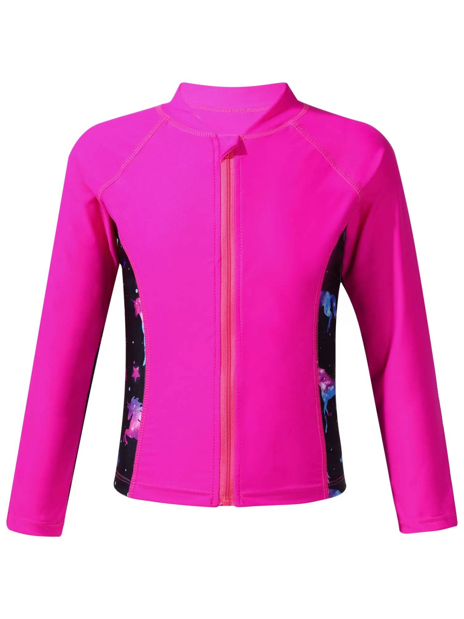 Kids Girls Long Sleeve Tropical Pattern Zipper Swimsuit Rash Guard