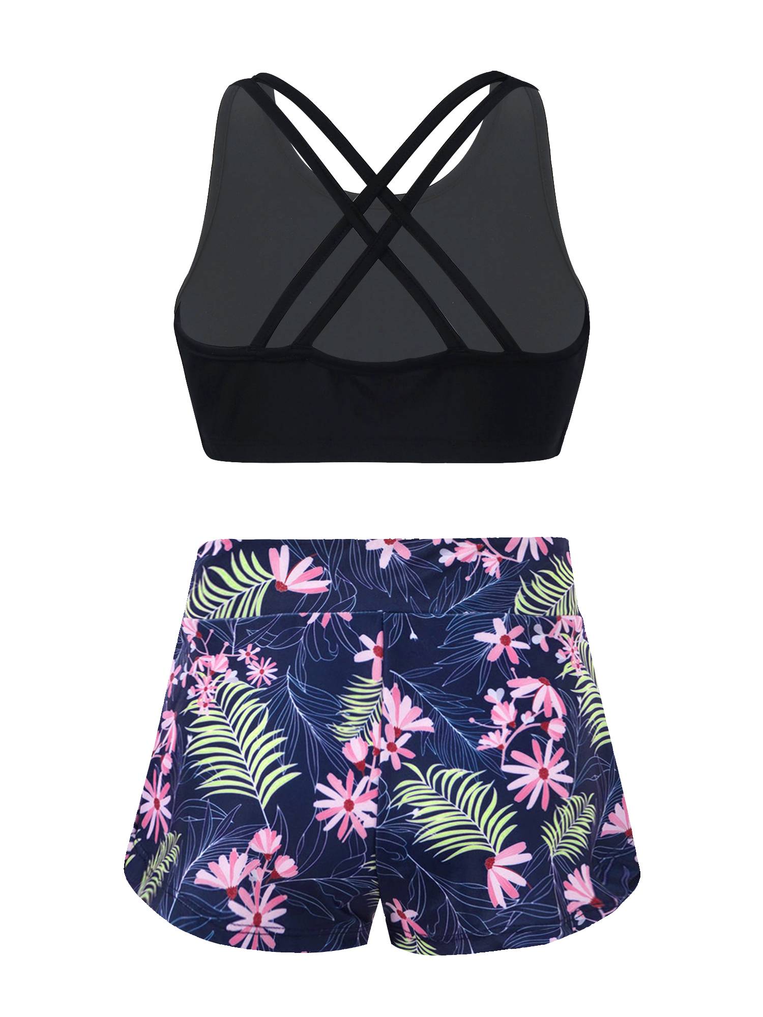 Kids Girls Sleeveless Solid Tankini and Print Shorts Swimsuit Set