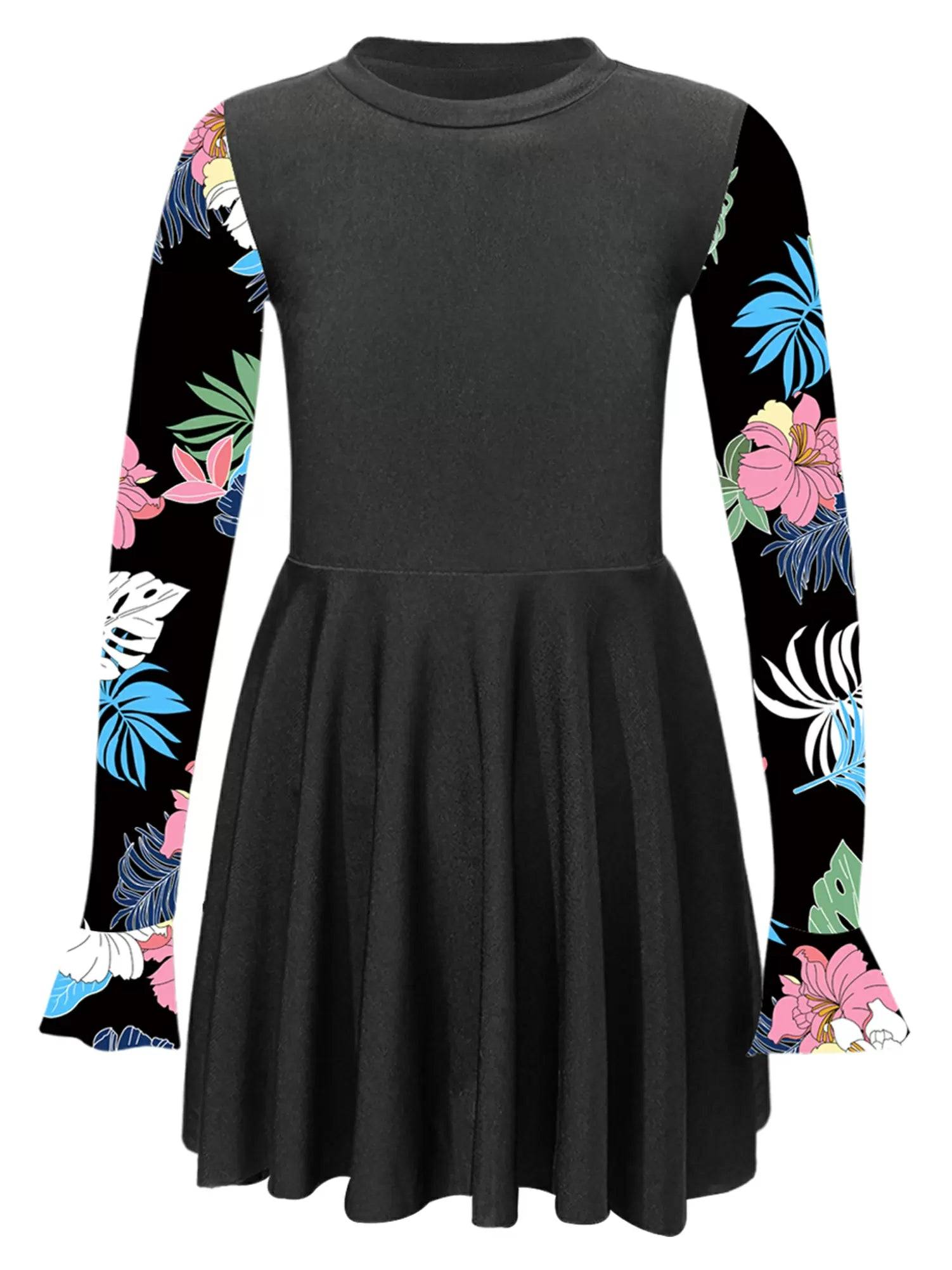 Kids Girls Long Sleeve Flared Cuffs Rash Guard Swim Dress