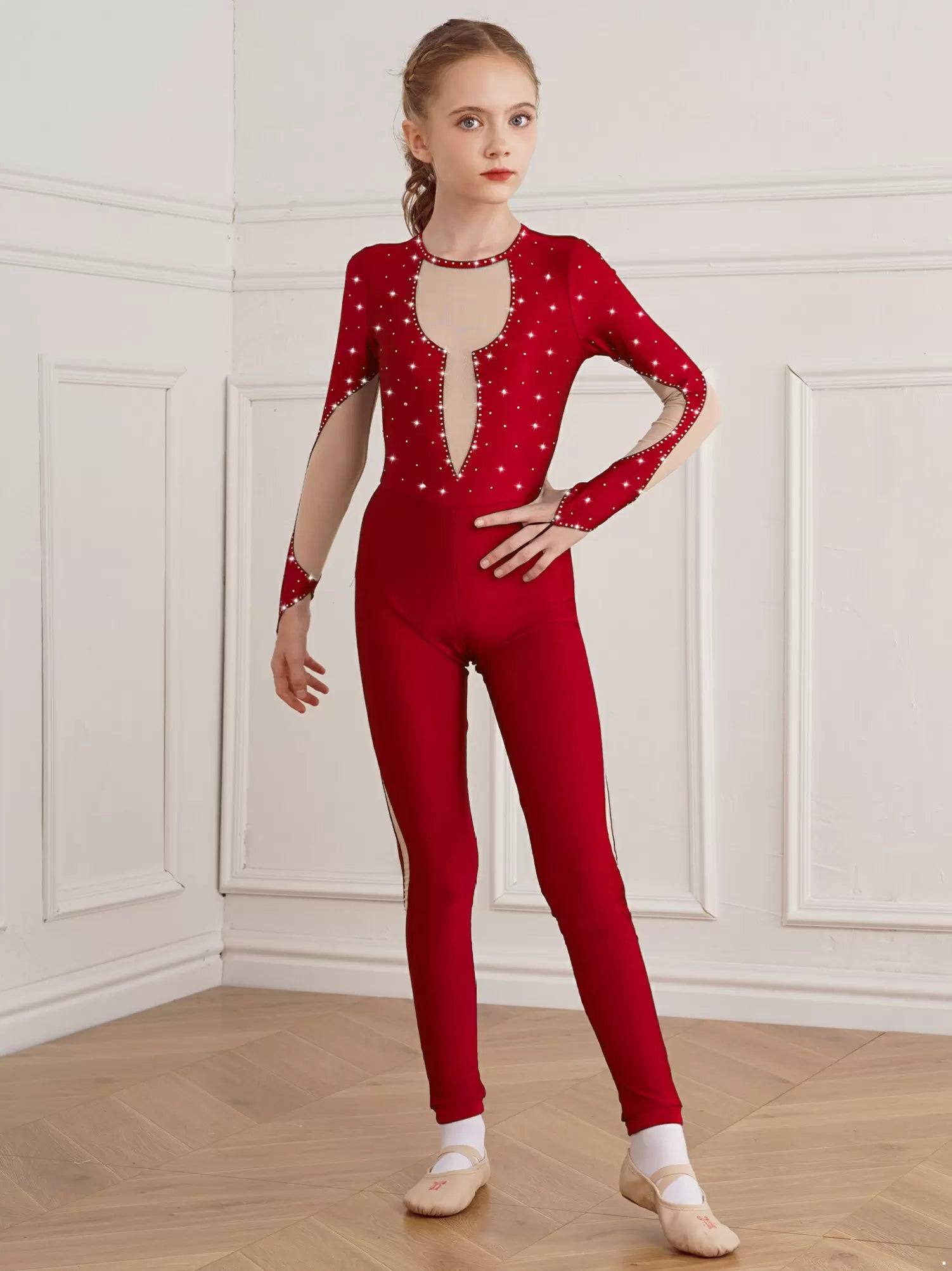 Kids Girls Long Sleeve Shiny Gymnastics Unitard Skating Jumpsuit