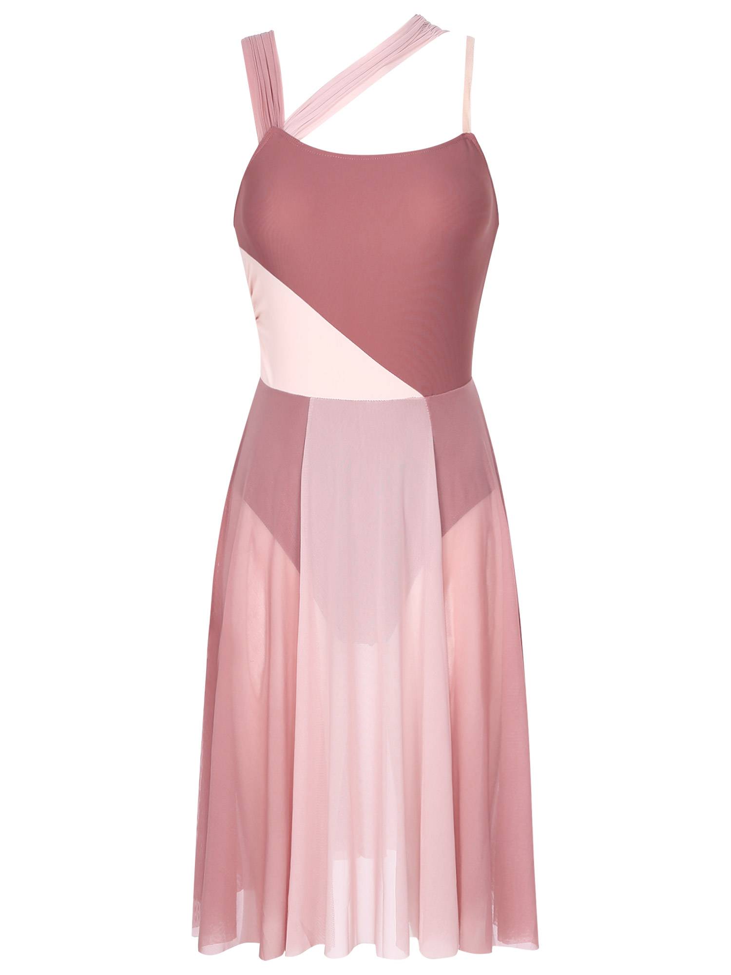 Women Sleeveless Color Block Mesh Lyrical Dance Leotard Dress