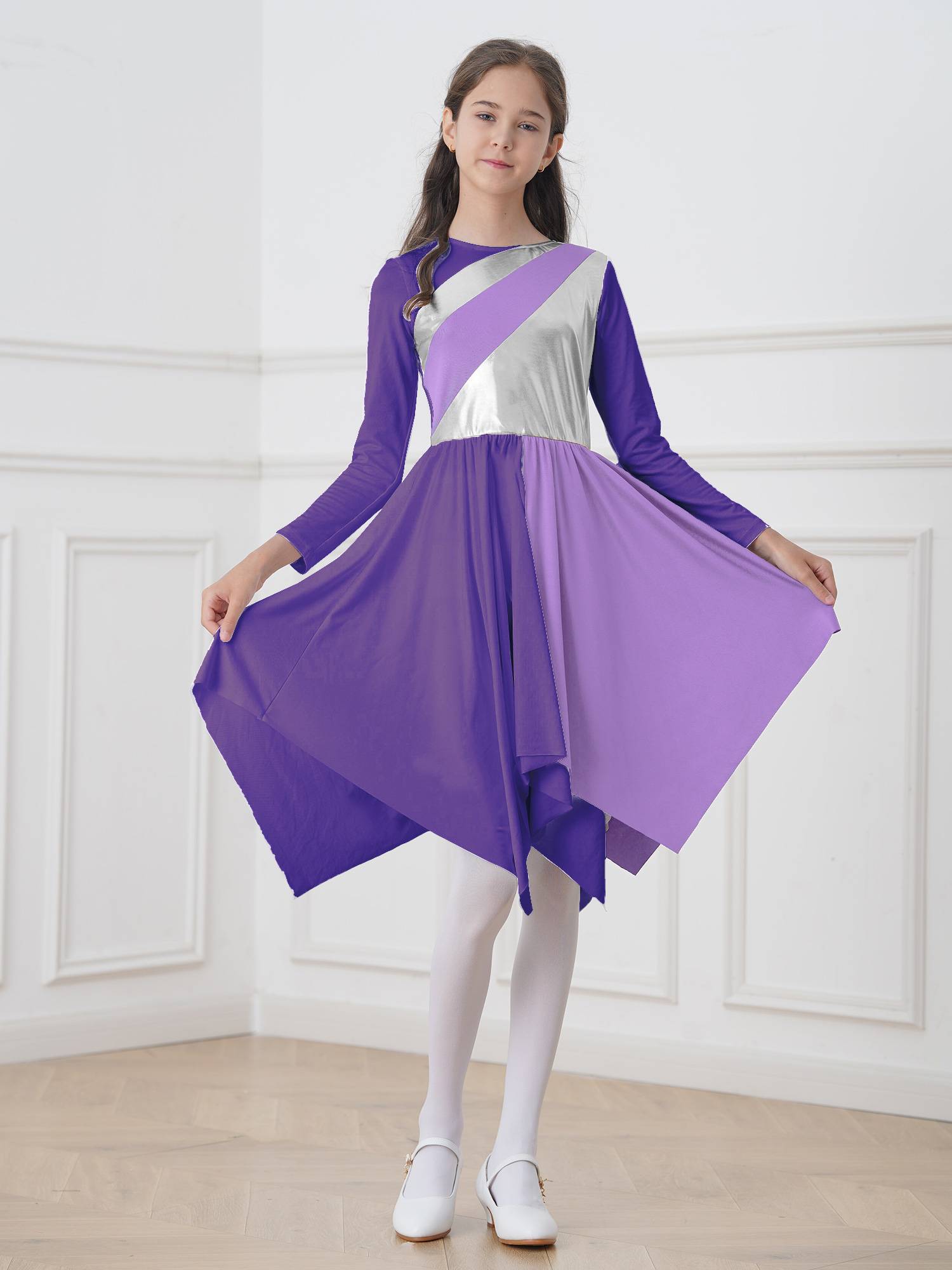 Kids Girls Long Sleeve Praise Dance Dress(petticoat not included)