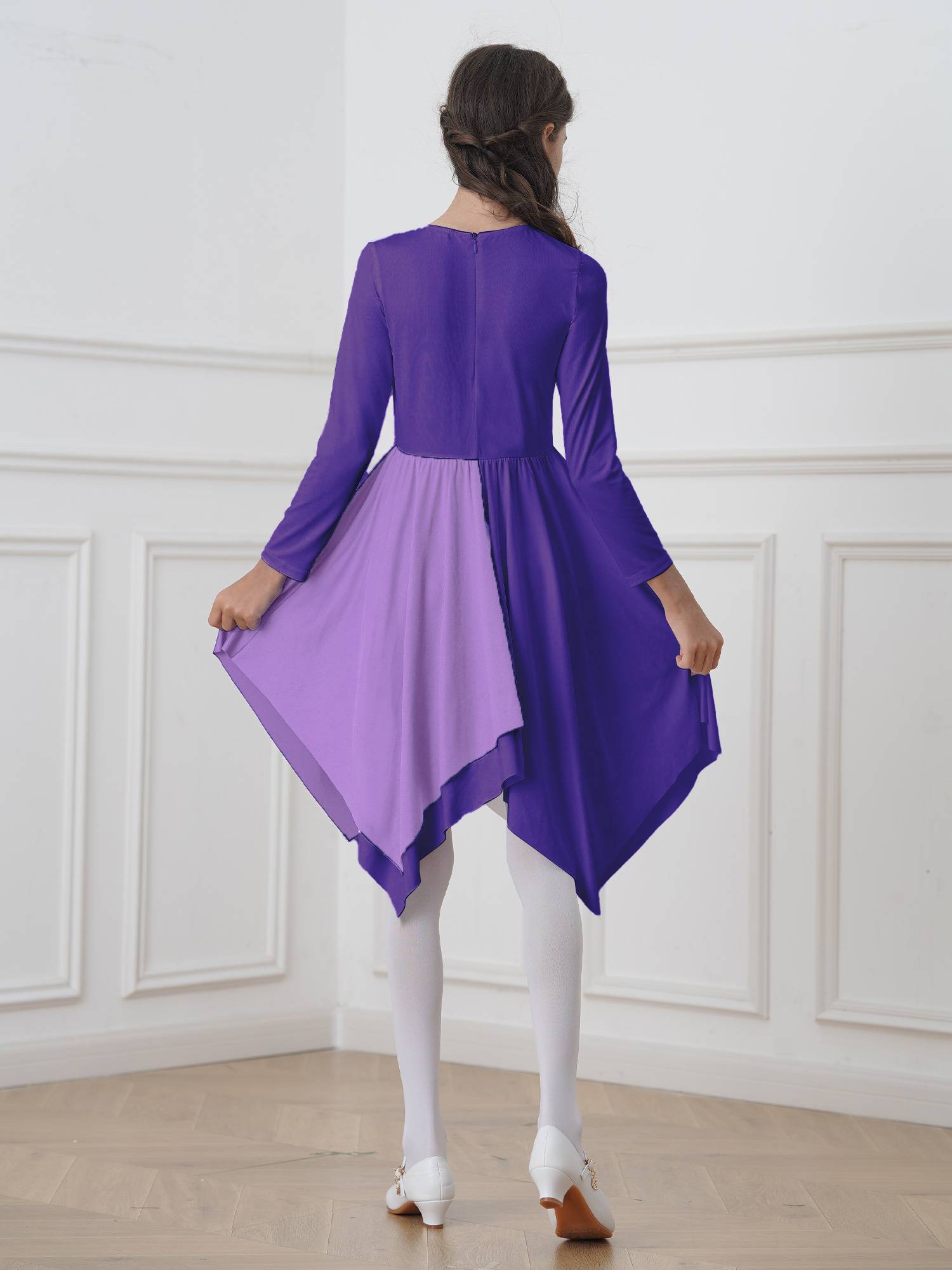 Kids Girls Long Sleeve Praise Dance Dress(petticoat not included)