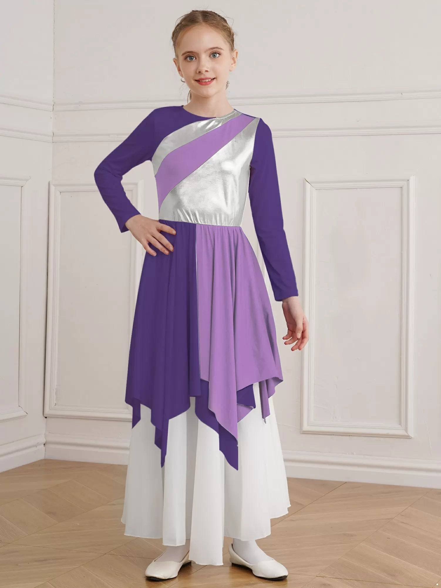 Kids Girls Long Sleeve Praise Dance Dress(petticoat not included)