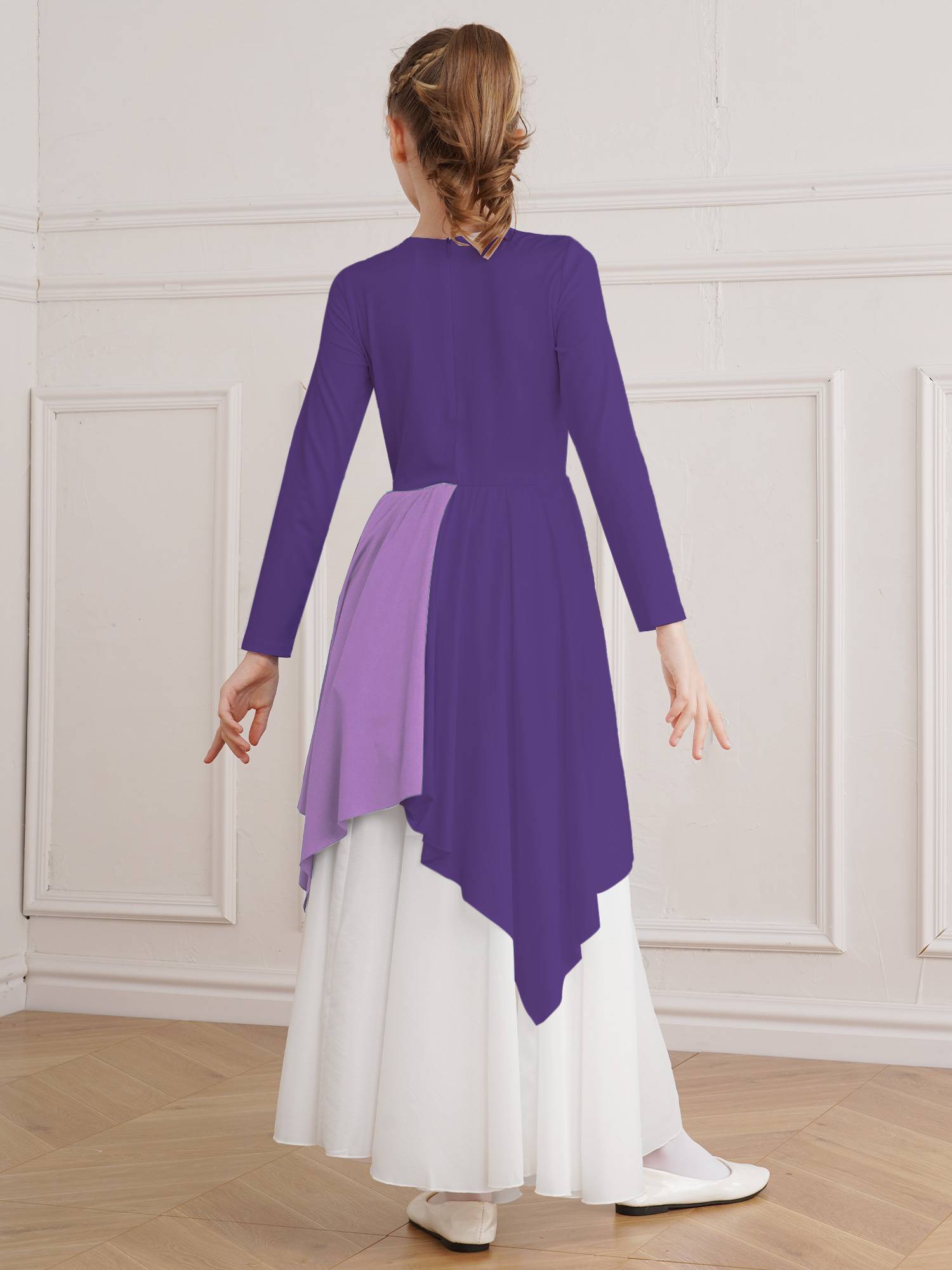 Kids Girls Long Sleeve Praise Dance Dress(petticoat not included)