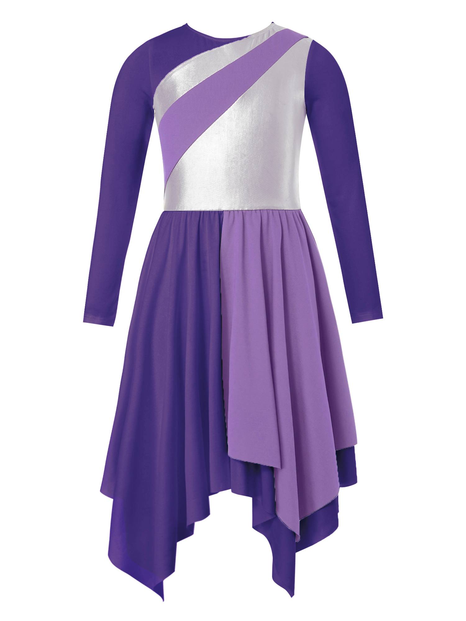 Kids Girls Long Sleeve Praise Dance Dress(petticoat not included)