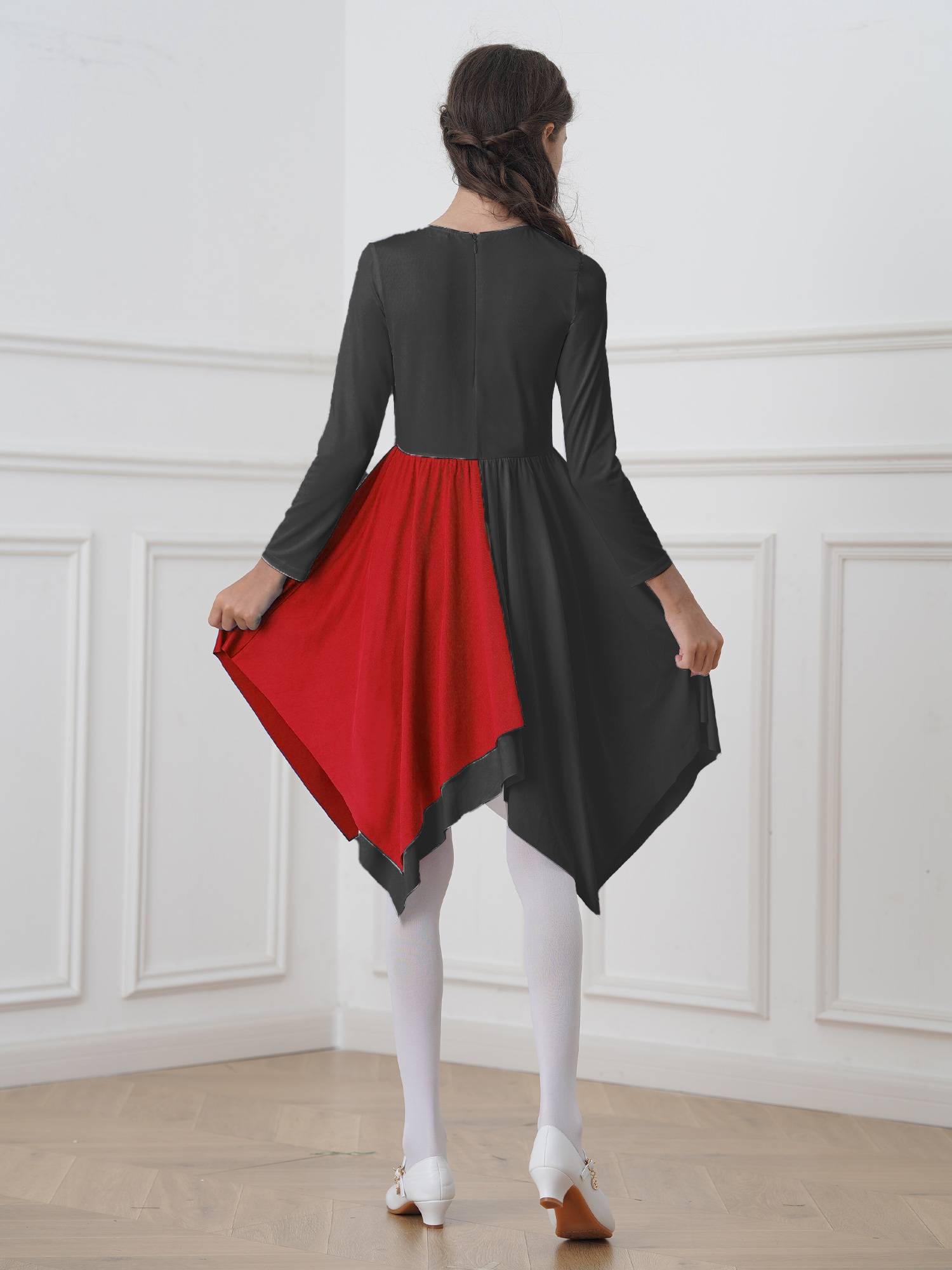 Kids Girls Long Sleeve Praise Dance Dress(petticoat not included)